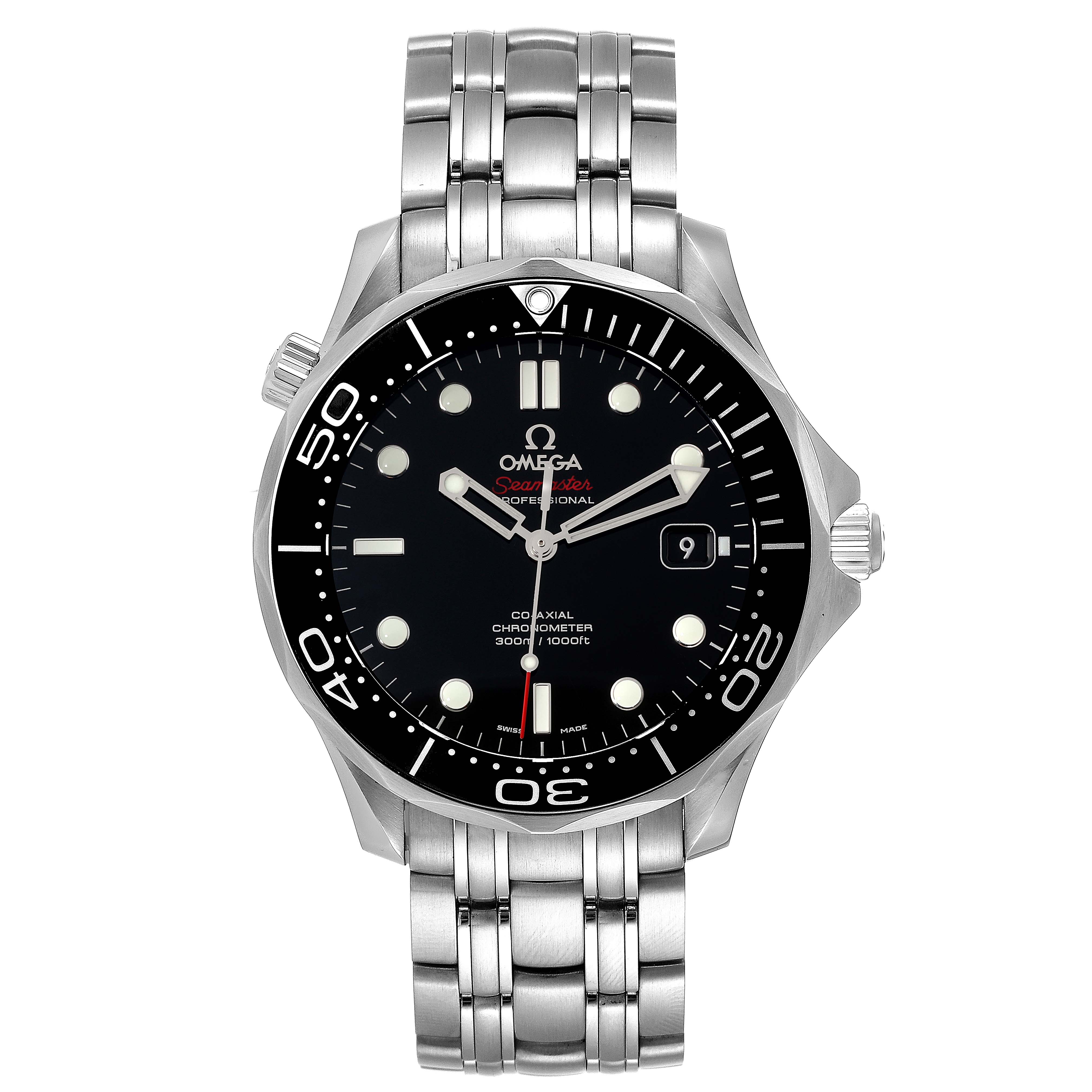 The image shows a front view of the Omega Seamaster 212.30.41.20.01.003 Men's Stainless Steel Black Dial 212.30.41.20.01.003 Men's Stainless Steel Black Dial watch, displaying its face, bezel, and a portion of the metal bracelet.