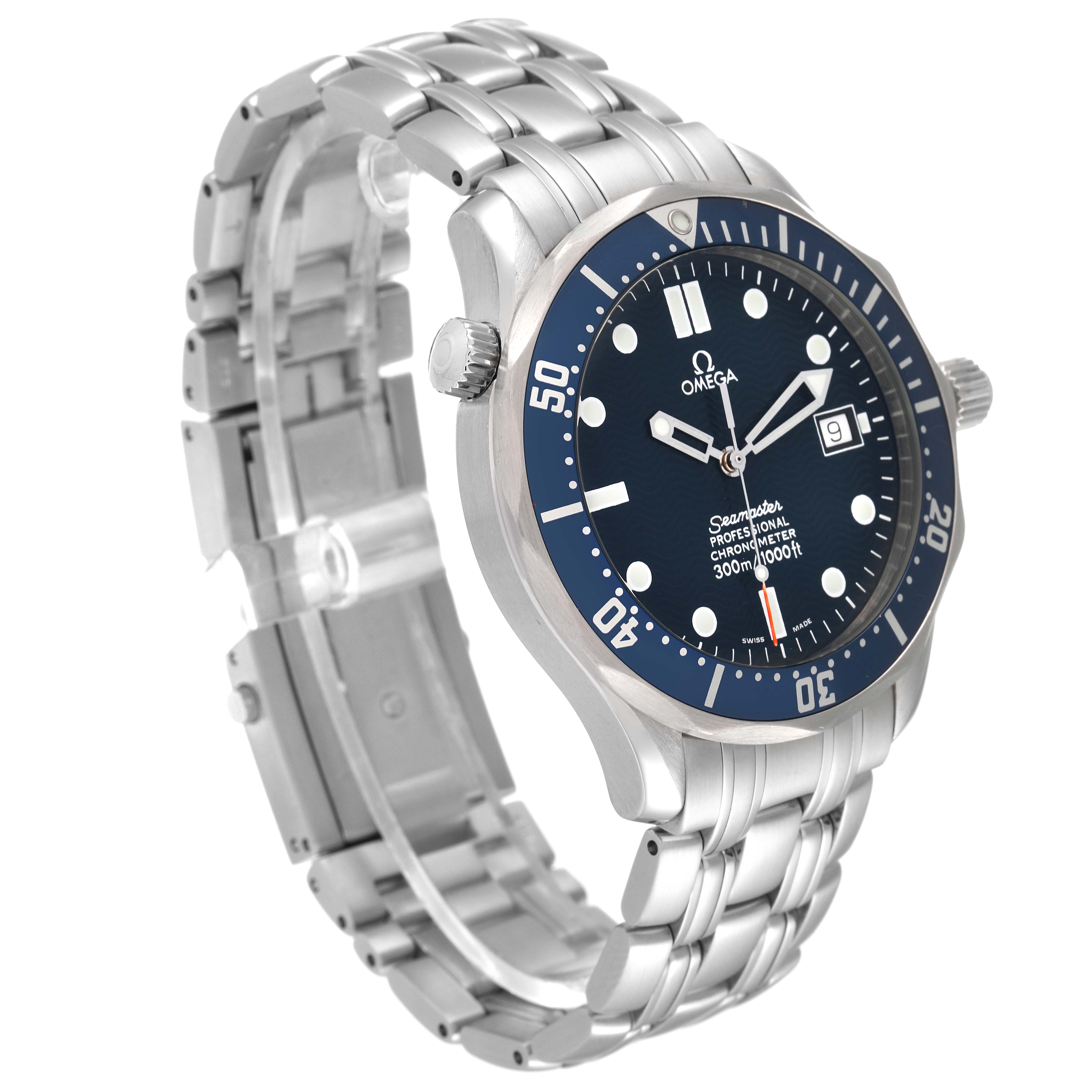 The Omega Seamaster 2531.80.00 Men's Stainless Steel Blue Dial 2531.80.00 Men's Stainless Steel Blue Dial watch is shown at a three-quarter angle, highlighting the face, bezel, crown, and bracelet.