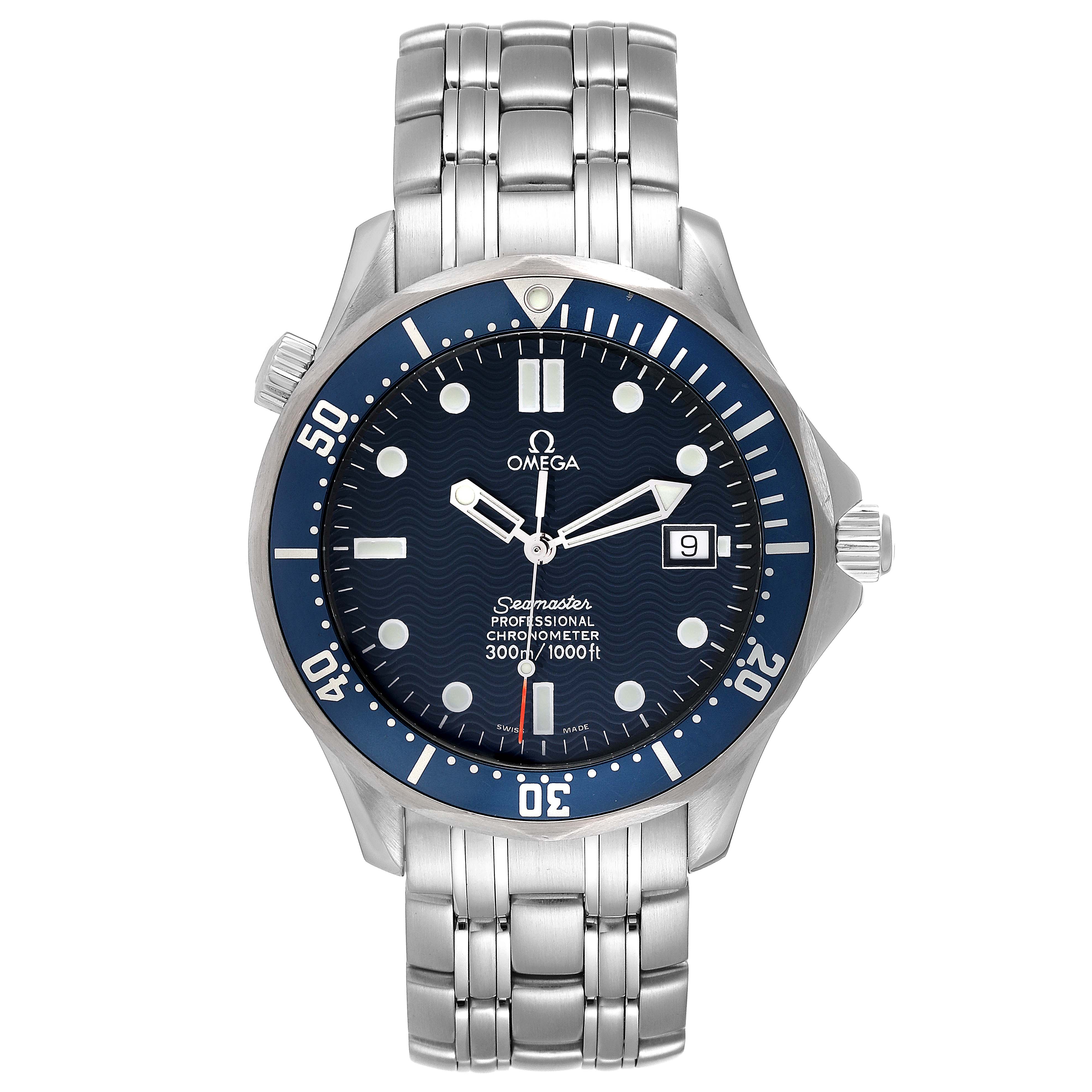 The Omega Seamaster 2531.80.00 Men's Stainless Steel Blue Dial 2531.80.00 Men's Stainless Steel Blue Dial watch is shown from a direct front angle, highlighting its dial, bezel, and bracelet.