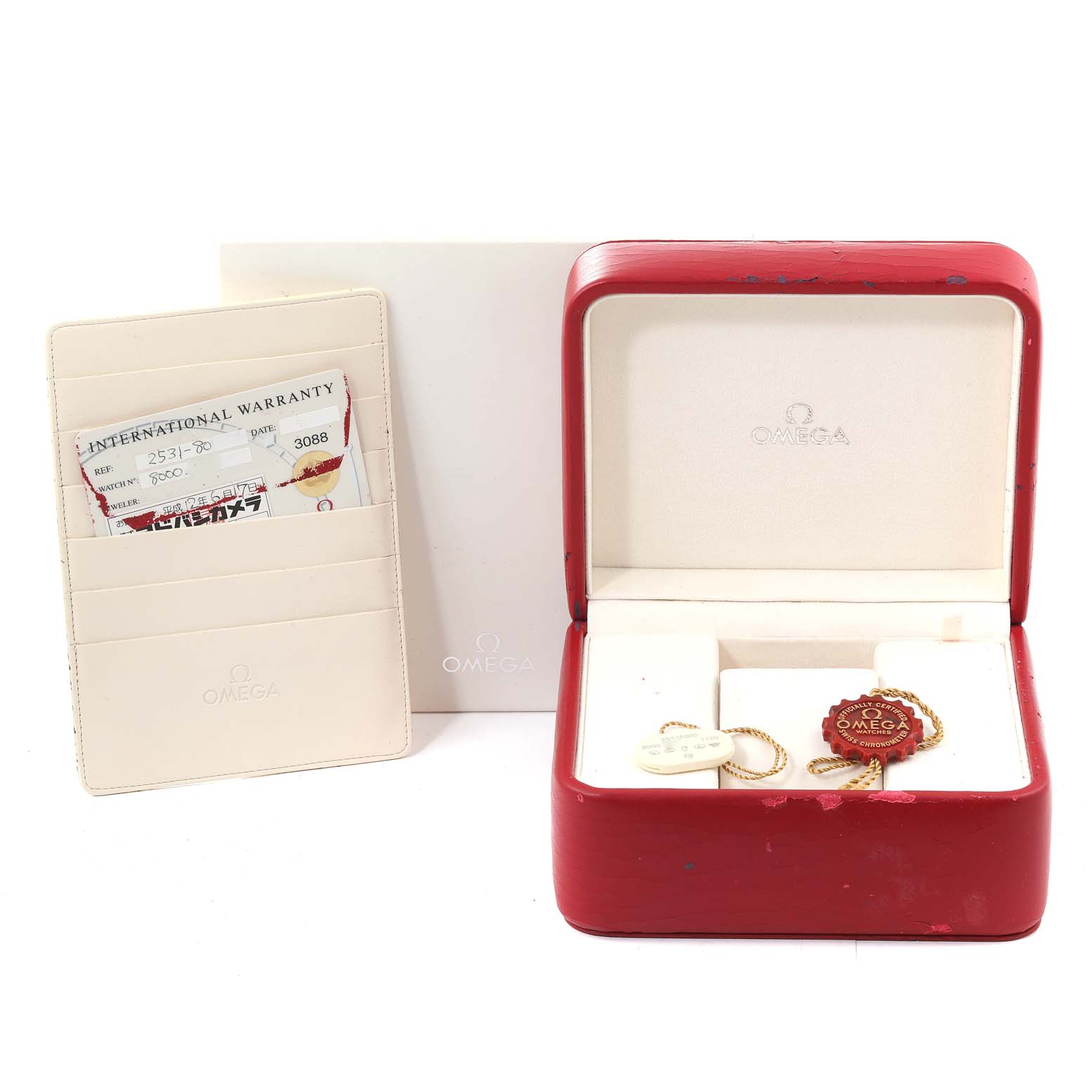 The image shows the Omega Seamaster 2531.80.00 Men's Stainless Steel Blue Dial 2531.80.00 Men's Stainless Steel Blue Dial watch box, a warranty card holder, and accessories at a front angle.