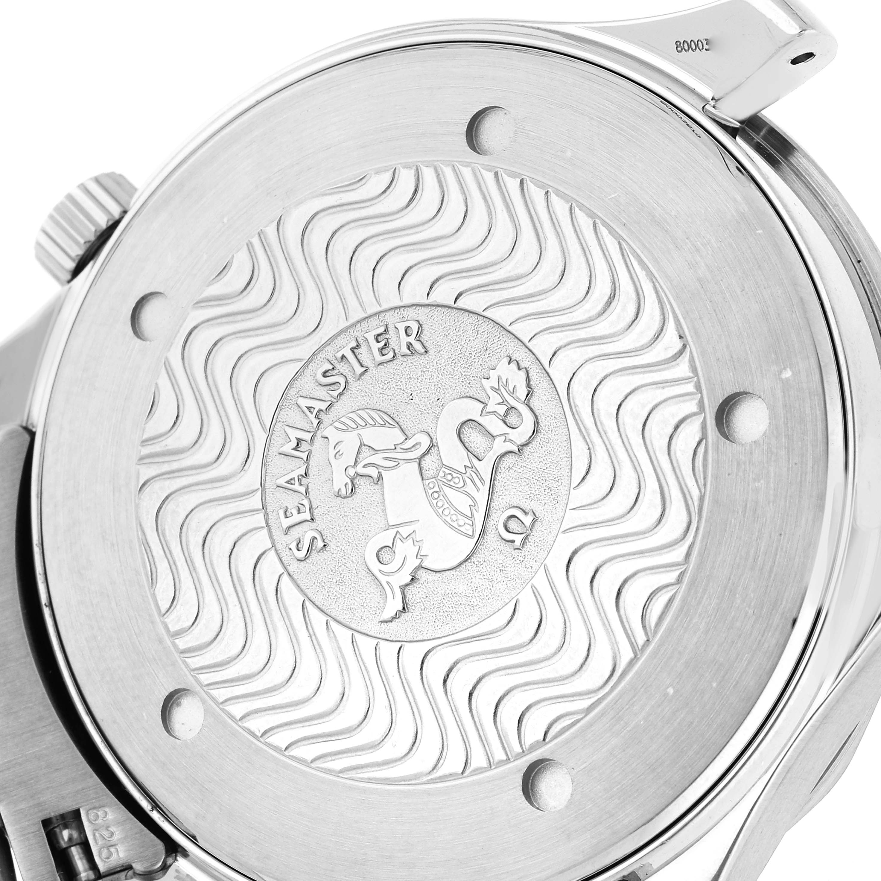 The image shows the back case of an Omega Seamaster 2531.80.00 Men's Stainless Steel Blue Dial 2531.80.00 Men's Stainless Steel Blue Dial watch, featuring its signature wavy design and emblem.