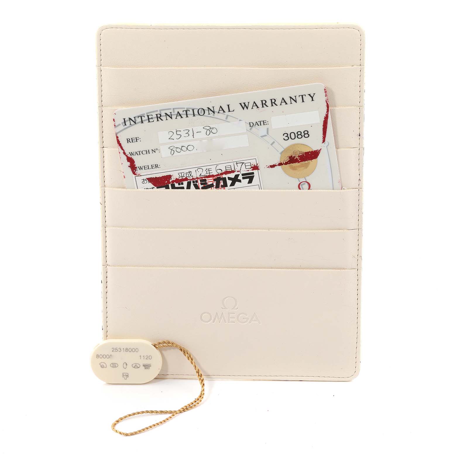 The image shows the warranty card and tag for an Omega Seamaster 2531.80.00 Men's Stainless Steel Blue Dial 2531.80.00 Men's Stainless Steel Blue Dial watch, displayed in a branded holder.