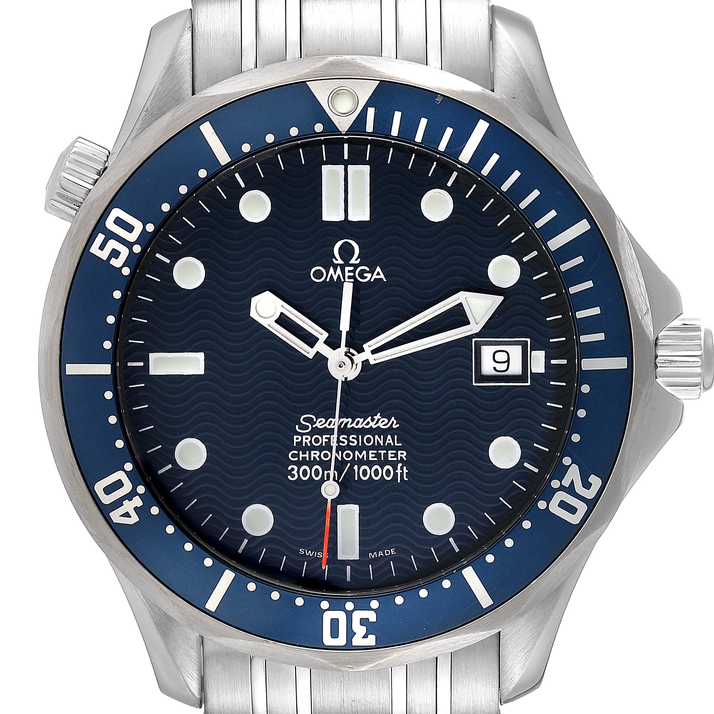 The image shows a front view of the Omega Seamaster 2531.80.00 Men's Stainless Steel Blue Dial 2531.80.00 Men's Stainless Steel Blue Dial watch, displaying its dial, bezel, and part of the bracelet.