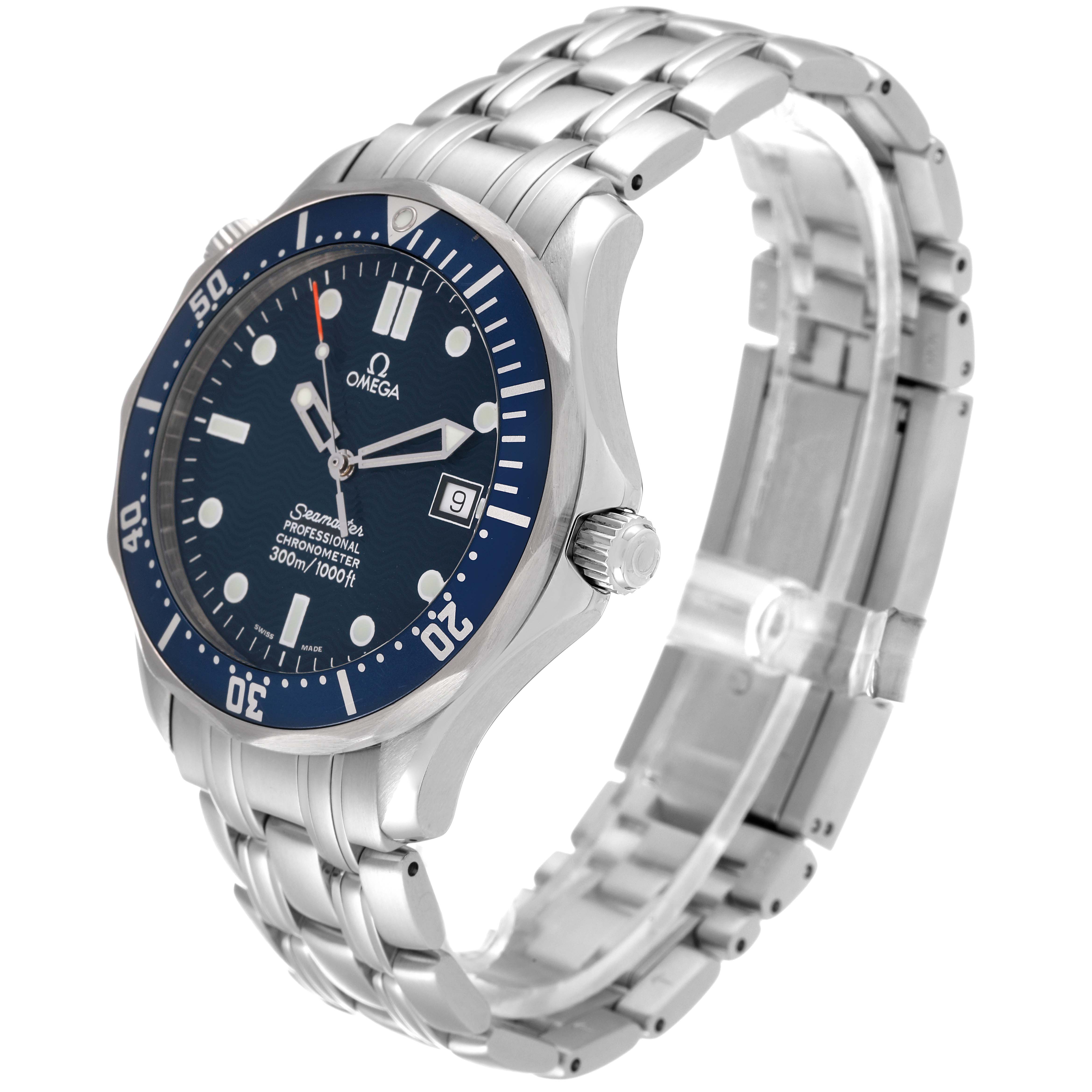 The image shows a side and front angle of an Omega Seamaster 2531.80.00 Men's Stainless Steel Blue Dial 2531.80.00 Men's Stainless Steel Blue Dial watch, highlighting its face, bezel, crown, and stainless steel bracelet.