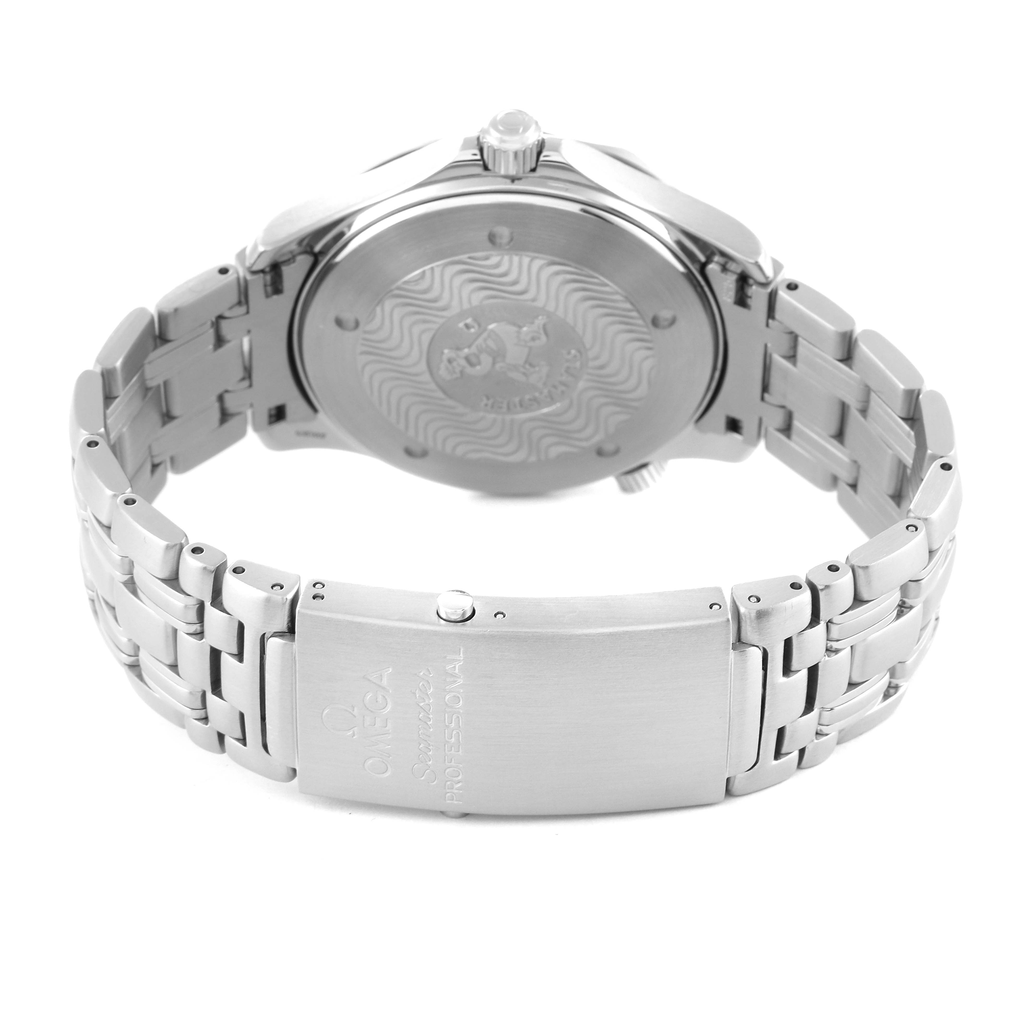 The image shows the back and clasp of an Omega Seamaster 2531.80.00 Men's Stainless Steel Blue Dial 2531.80.00 Men's Stainless Steel Blue Dial watch, highlighting the bracelet and engraved case back.