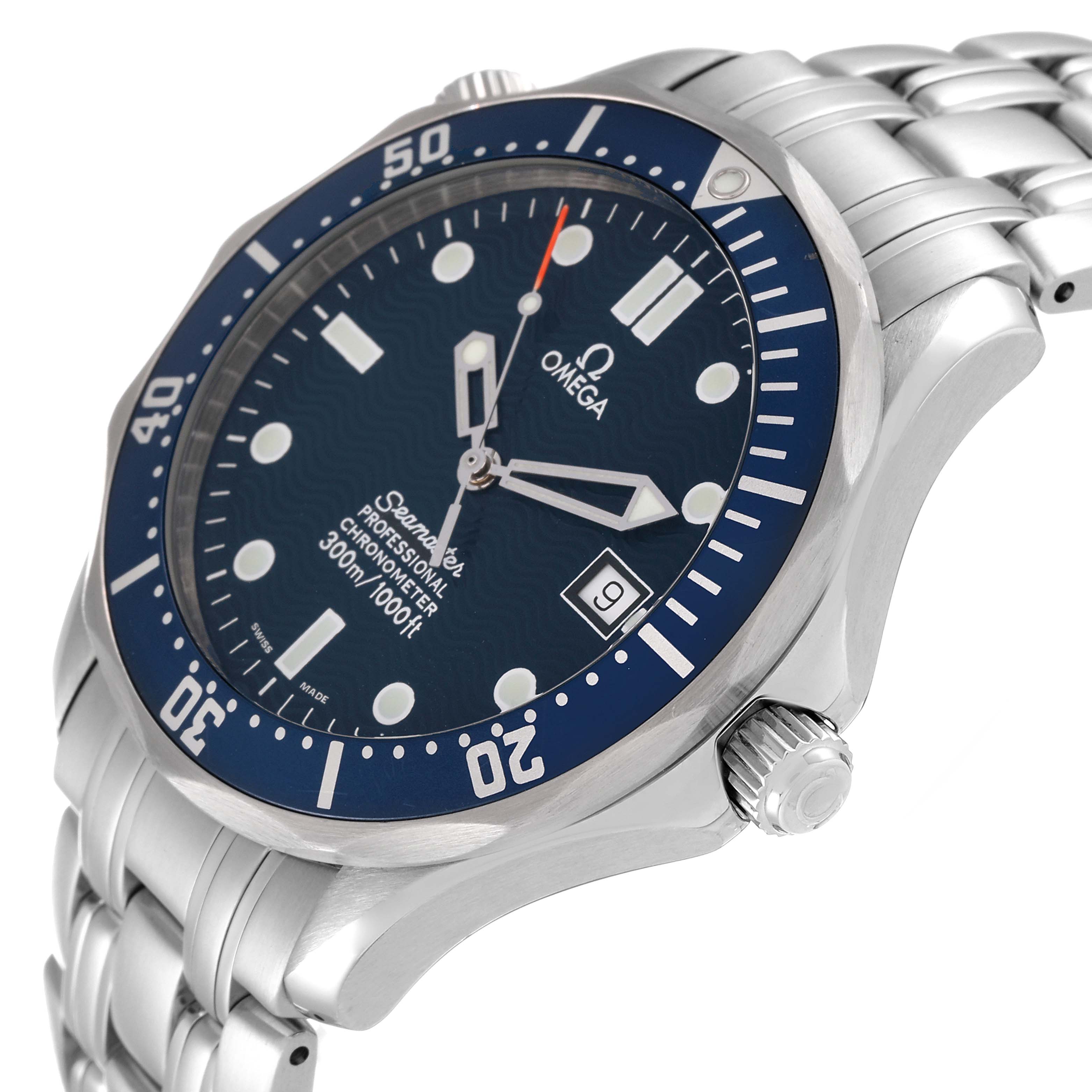 The image shows an angled side view of the Omega Seamaster 2531.80.00 Men's Stainless Steel Blue Dial 2531.80.00 Men's Stainless Steel Blue Dial watch, highlighting the blue dial, bezel, crown, and metal bracelet.