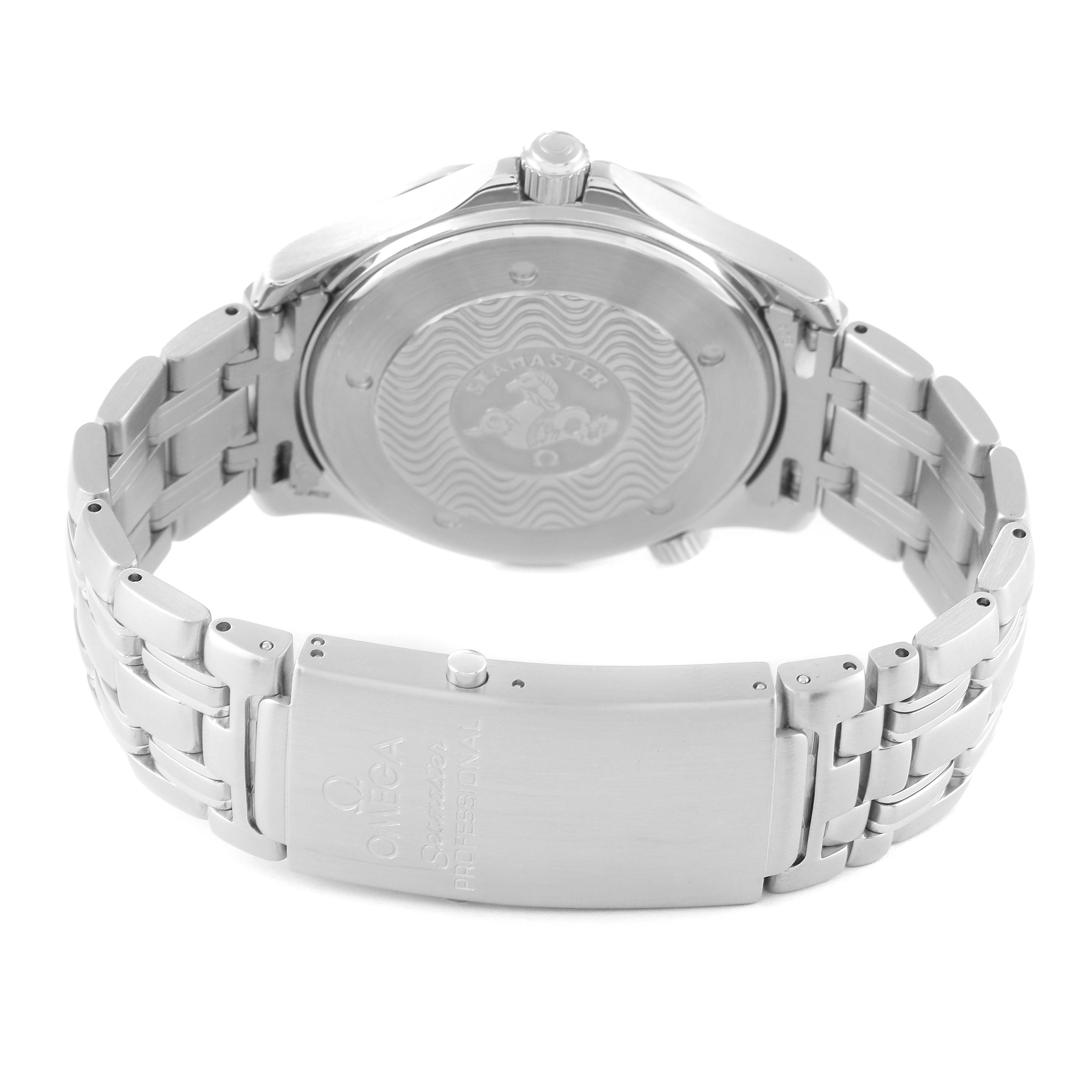 The image shows the back case and metal bracelet of the Omega Seamaster 2531.80.00 Men's Stainless Steel Blue Dial 2531.80.00 Men's Stainless Steel Blue Dial watch, displaying the clasp and the engraved back.