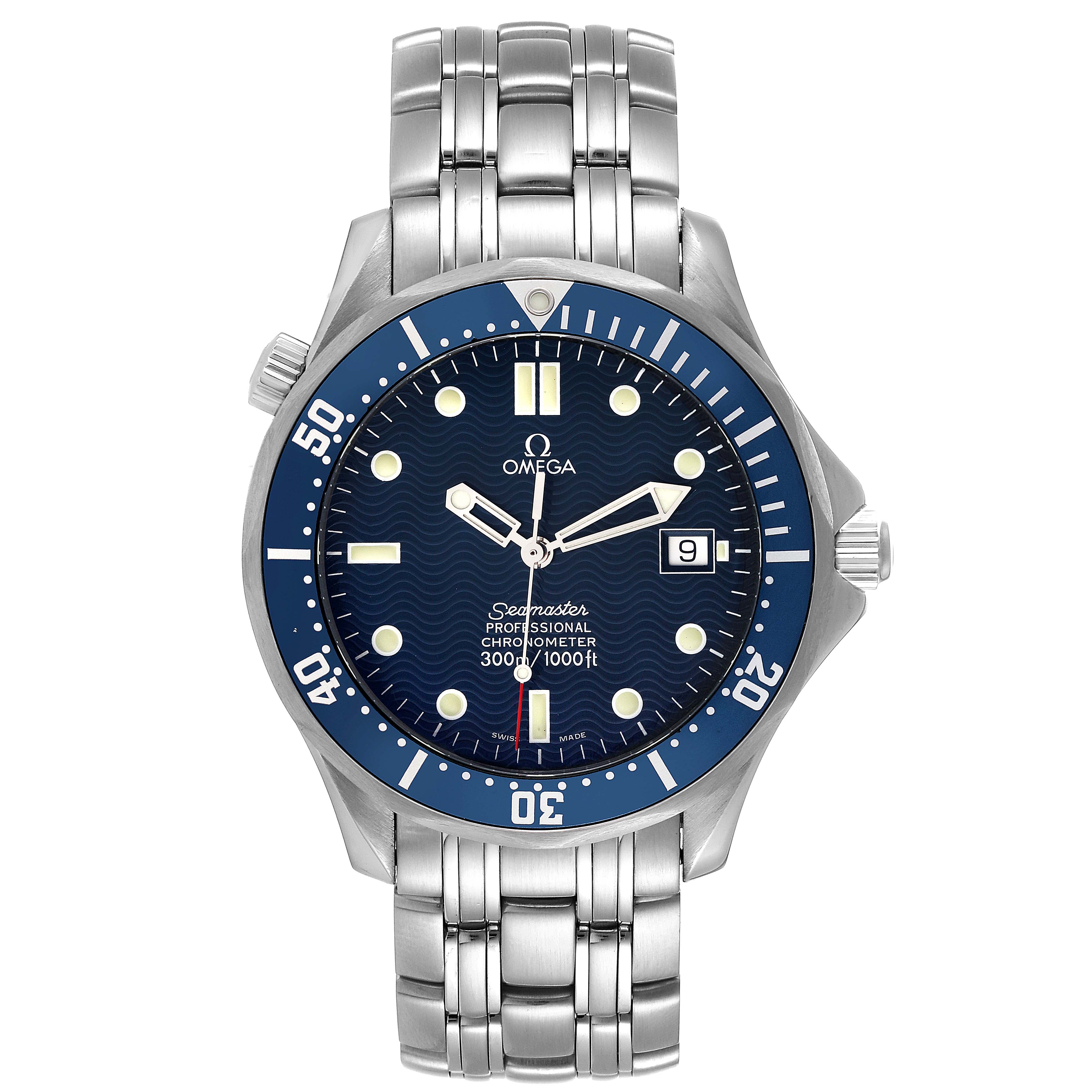 The image shows a front view of the Omega Seamaster 2531.80.00 Men's Stainless Steel Blue Dial 2531.80.00 Men's Stainless Steel Blue Dial watch, displaying the dial, bezel, and metal bracelet.