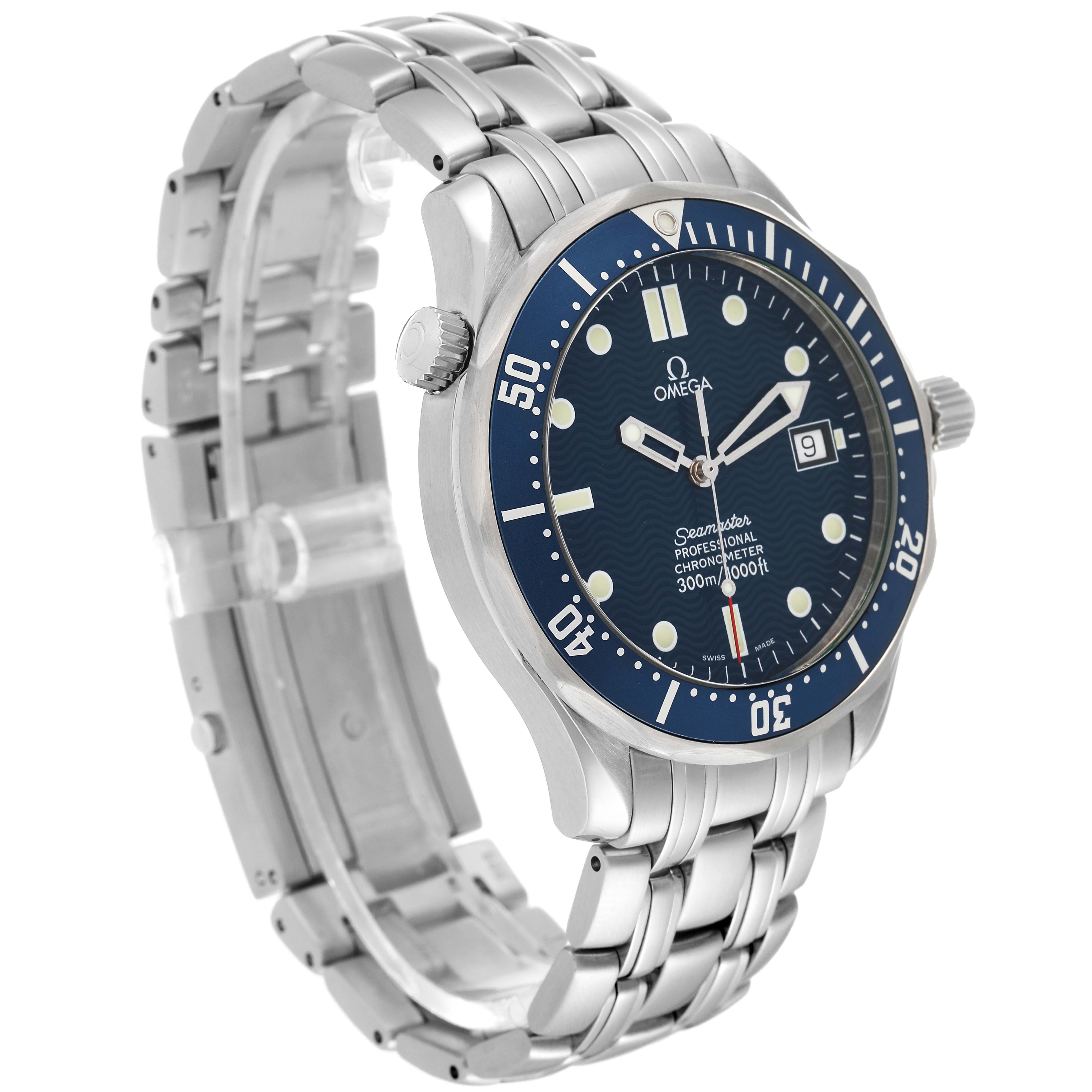 The Omega Seamaster 2531.80.00 Men's Stainless Steel Blue Dial 2531.80.00 Men's Stainless Steel Blue Dial watch is shown from a three-quarter angle, highlighting the bracelet, bezel, and dial.