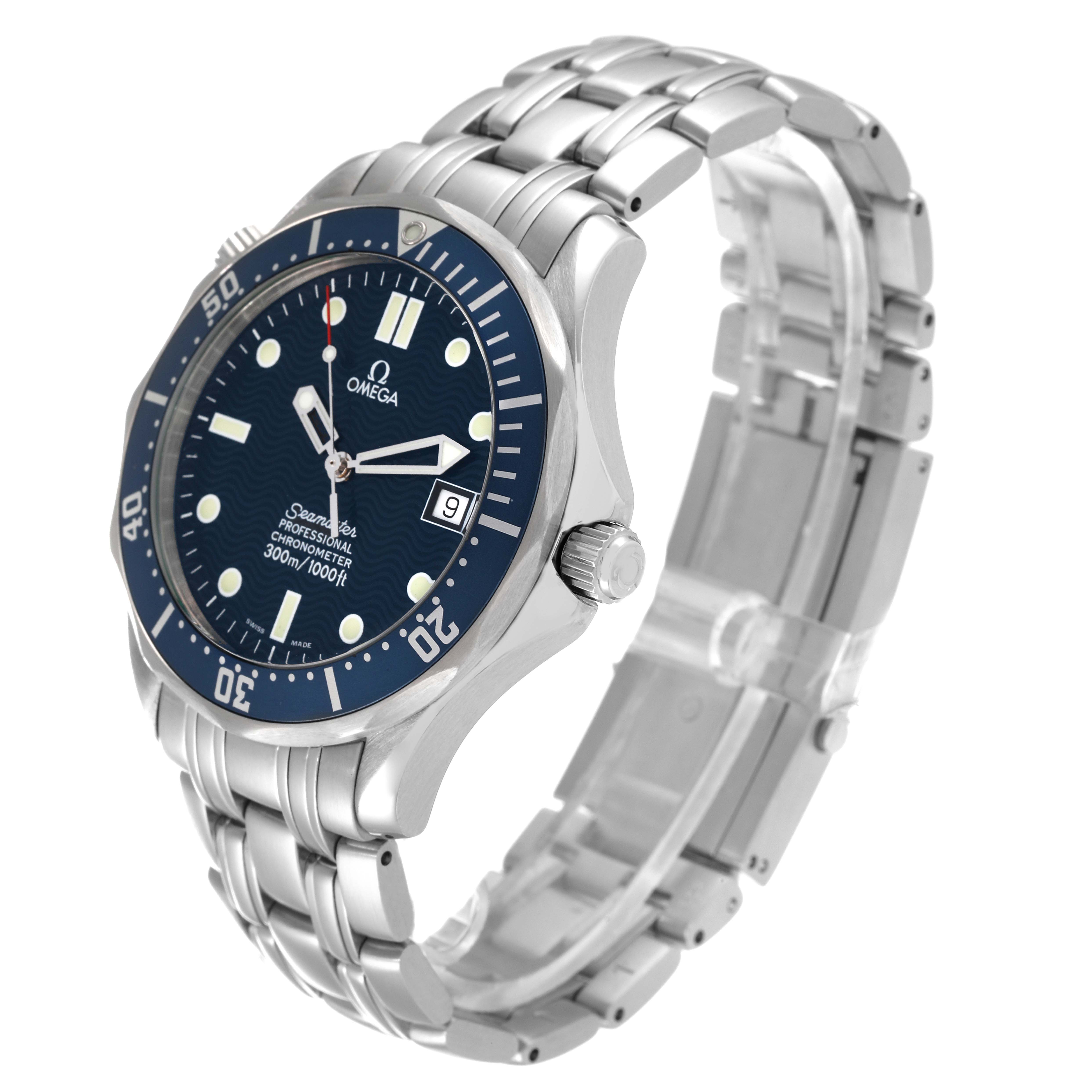 The image shows an angled view of an Omega Seamaster 2531.80.00 Men's Stainless Steel Blue Dial 2531.80.00 Men's Stainless Steel Blue Dial watch, highlighting the face, bezel, crown, and bracelet.