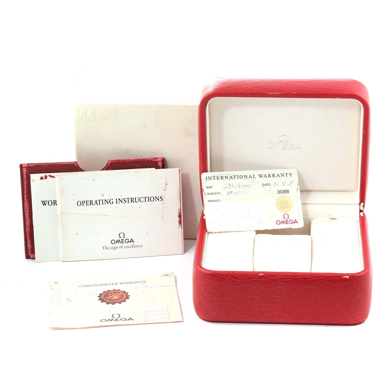 The image shows the box and documents for an Omega Seamaster 2531.80.00 Men's Stainless Steel Blue Dial 2531.80.00 Men's Stainless Steel Blue Dial watch, including a warranty card, operating instructions, and certificates.