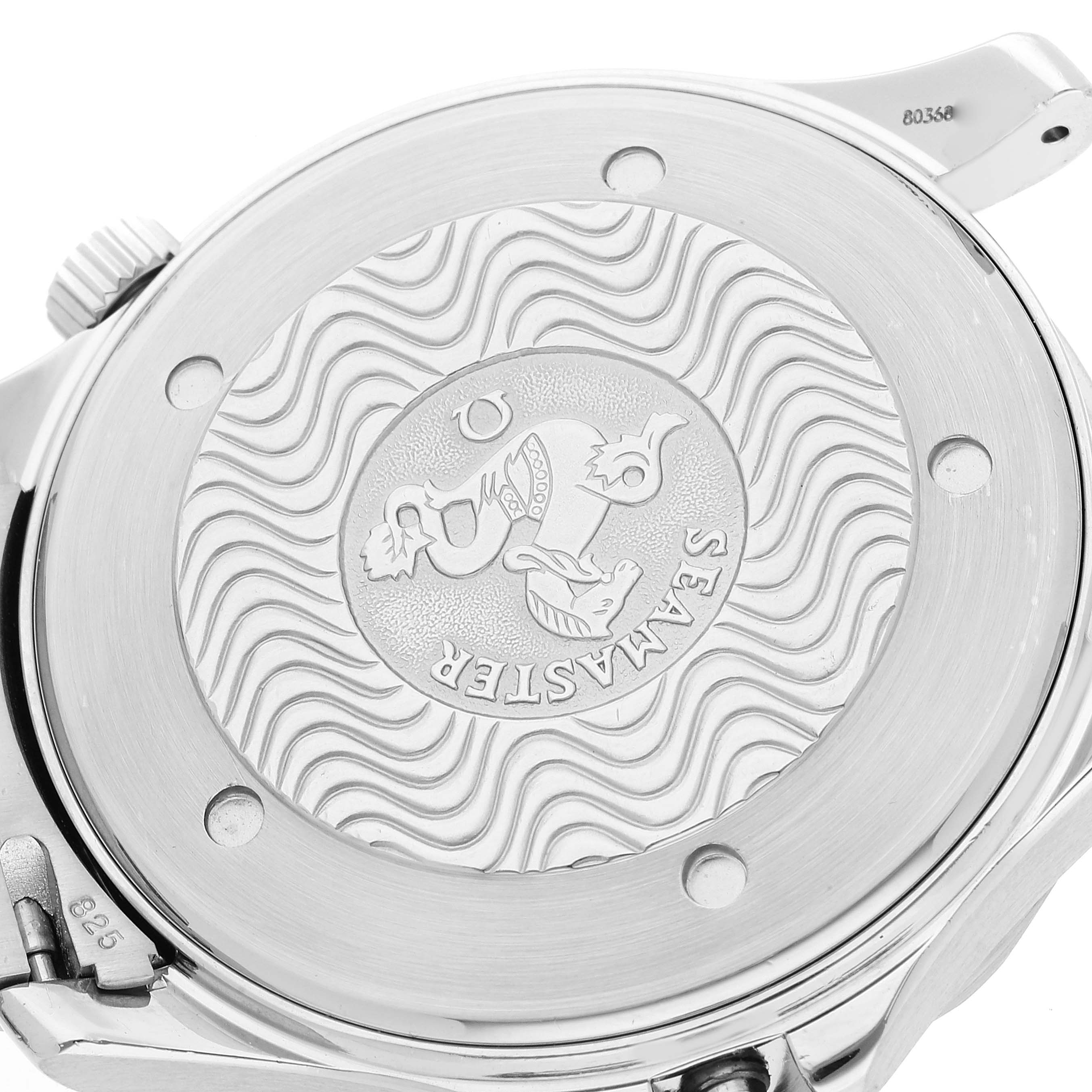 The image shows the back of an Omega Seamaster 2531.80.00 Men's Stainless Steel Blue Dial 2531.80.00 Men's Stainless Steel Blue Dial watch, highlighting the engraved case back.