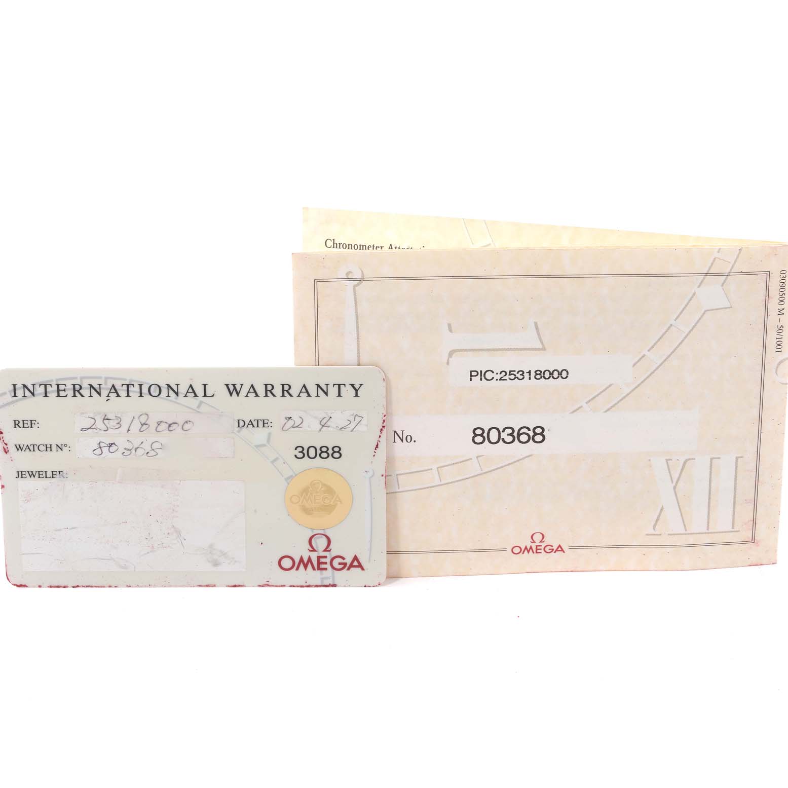 The image shows the International Warranty card and papers for the Omega Seamaster 2531.80.00 Men's Stainless Steel Blue Dial 2531.80.00 Men's Stainless Steel Blue Dial model.