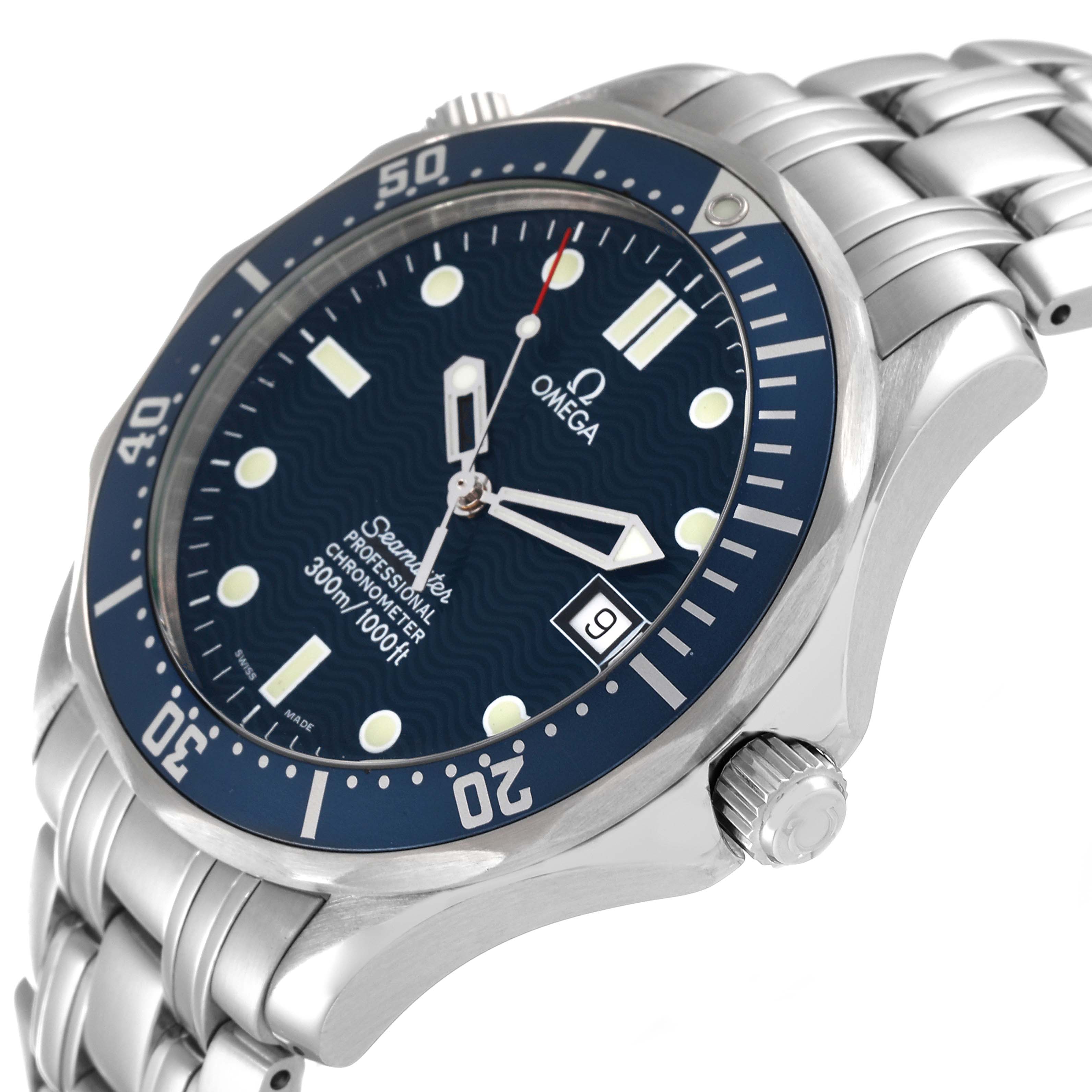 The Omega Seamaster 2531.80.00 Men's Stainless Steel Blue Dial 2531.80.00 Men's Stainless Steel Blue Dial watch is shown at an angle highlighting its face, bezel, crown, and part of the stainless steel bracelet.