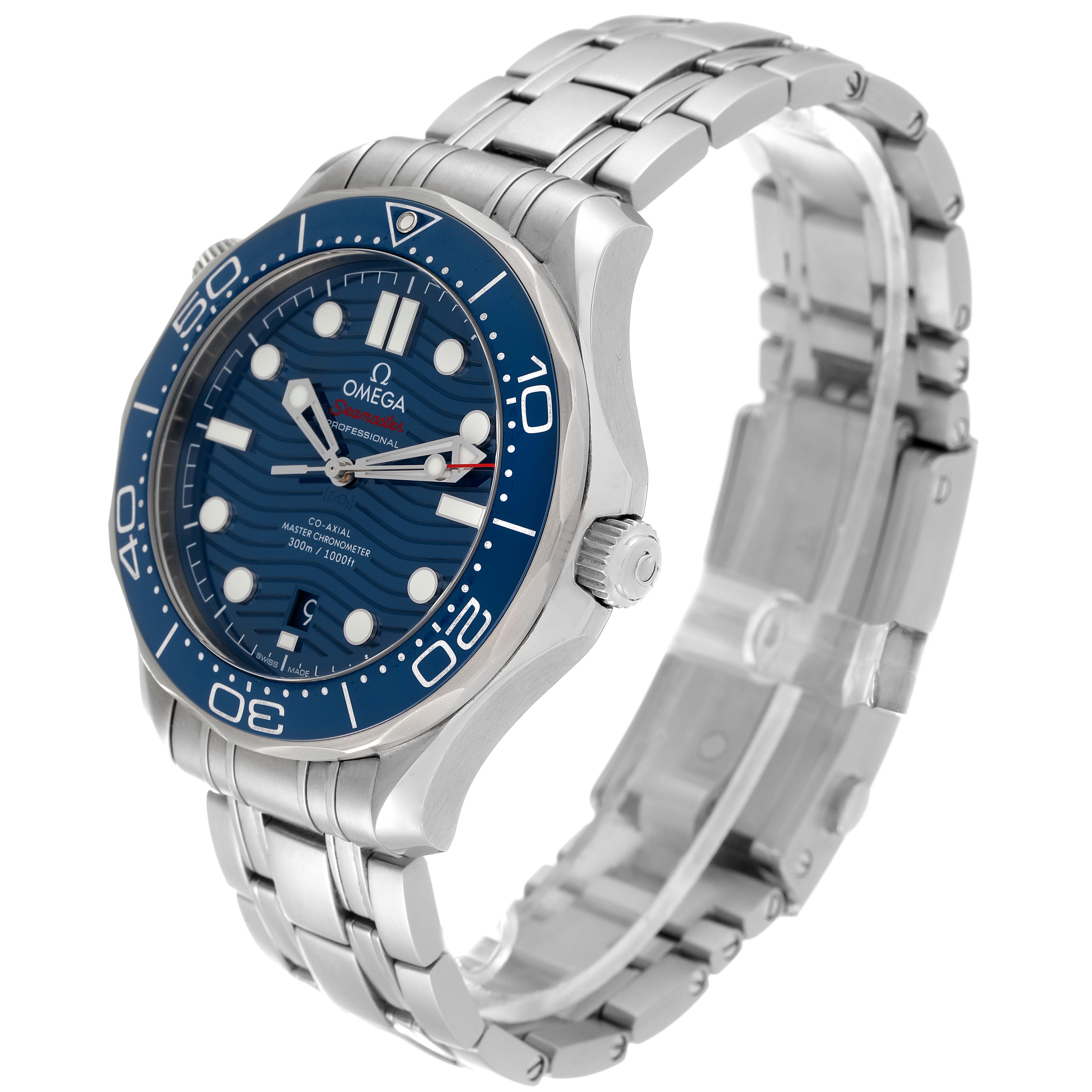 The Omega Seamaster 210.30.42.20.03.001 Men's Stainless Steel Blue Dial 210.30.42.20.03.001 Men's Stainless Steel Blue Dial watch is shown at an oblique angle, highlighting the face, bezel, crown, and bracelet.