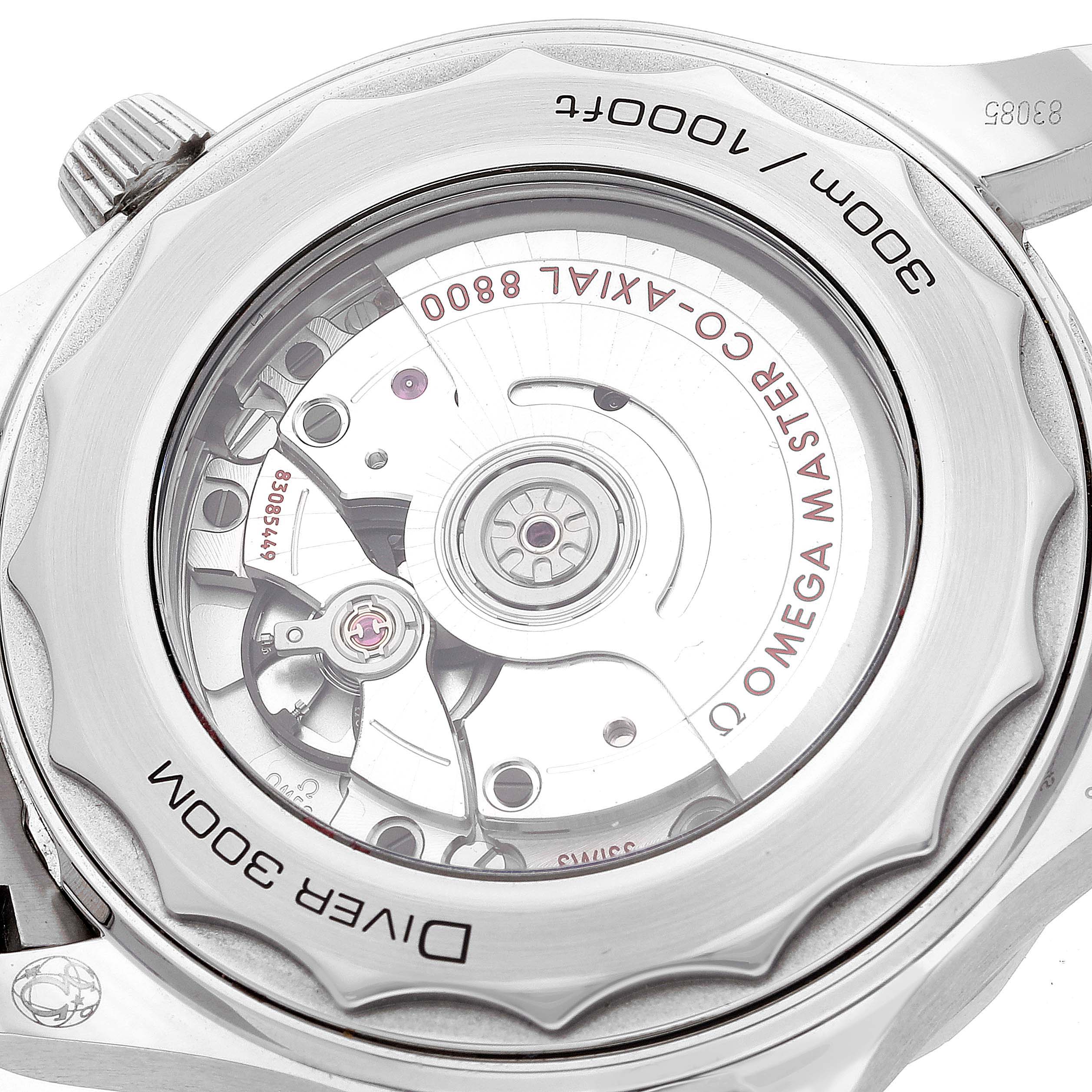 The image shows the back view of an Omega Seamaster 210.30.42.20.03.001 Men's Stainless Steel Blue Dial 210.30.42.20.03.001 Men's Stainless Steel Blue Dial watch, highlighting its Co-Axial Master Chronometer movement.