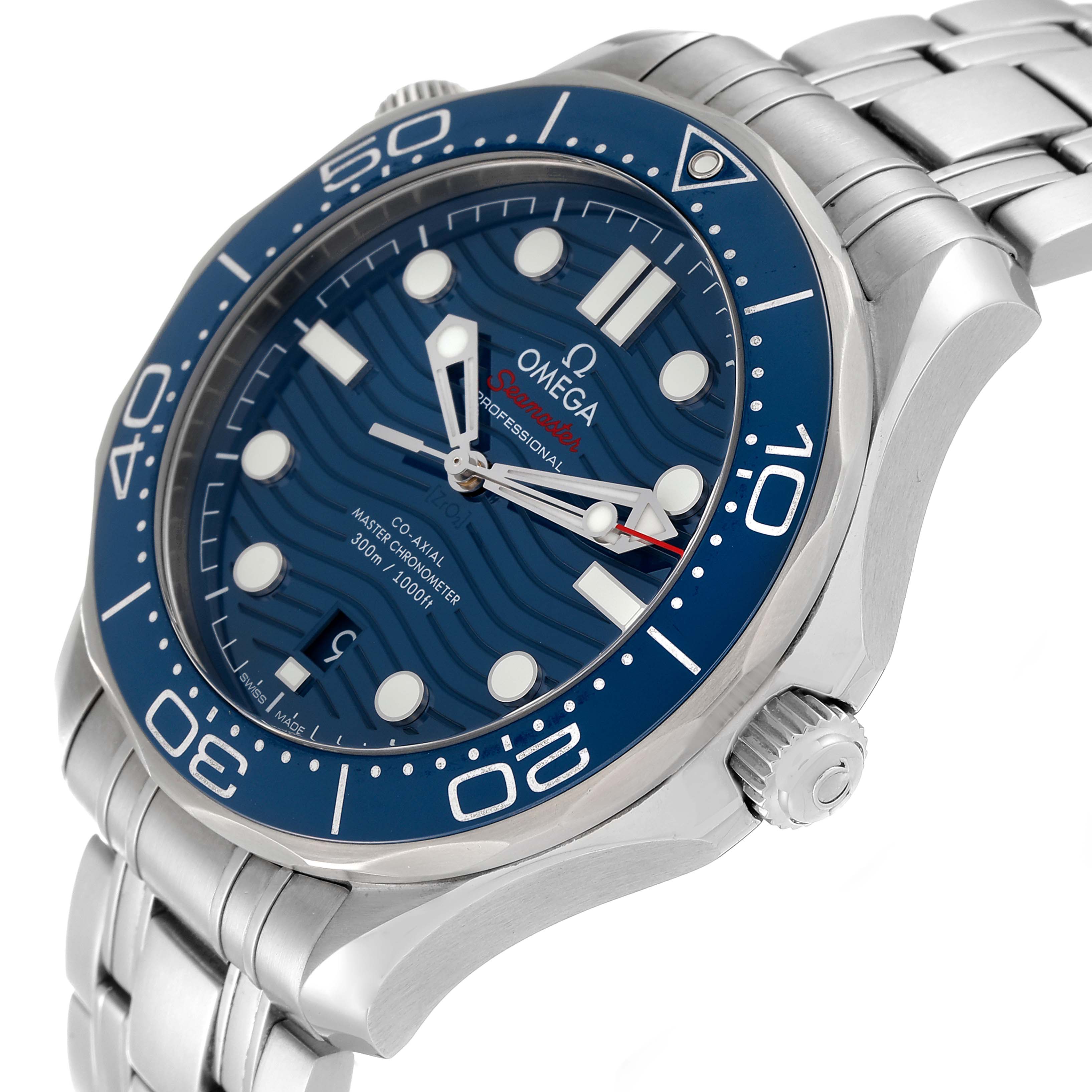 The image shows a close-up, angled view of the Omega Seamaster 210.30.42.20.03.001 Men's Stainless Steel Blue Dial 210.30.42.20.03.001 Men's Stainless Steel Blue Dial watch, highlighting the dial, bezel, crown, and metal bracelet.