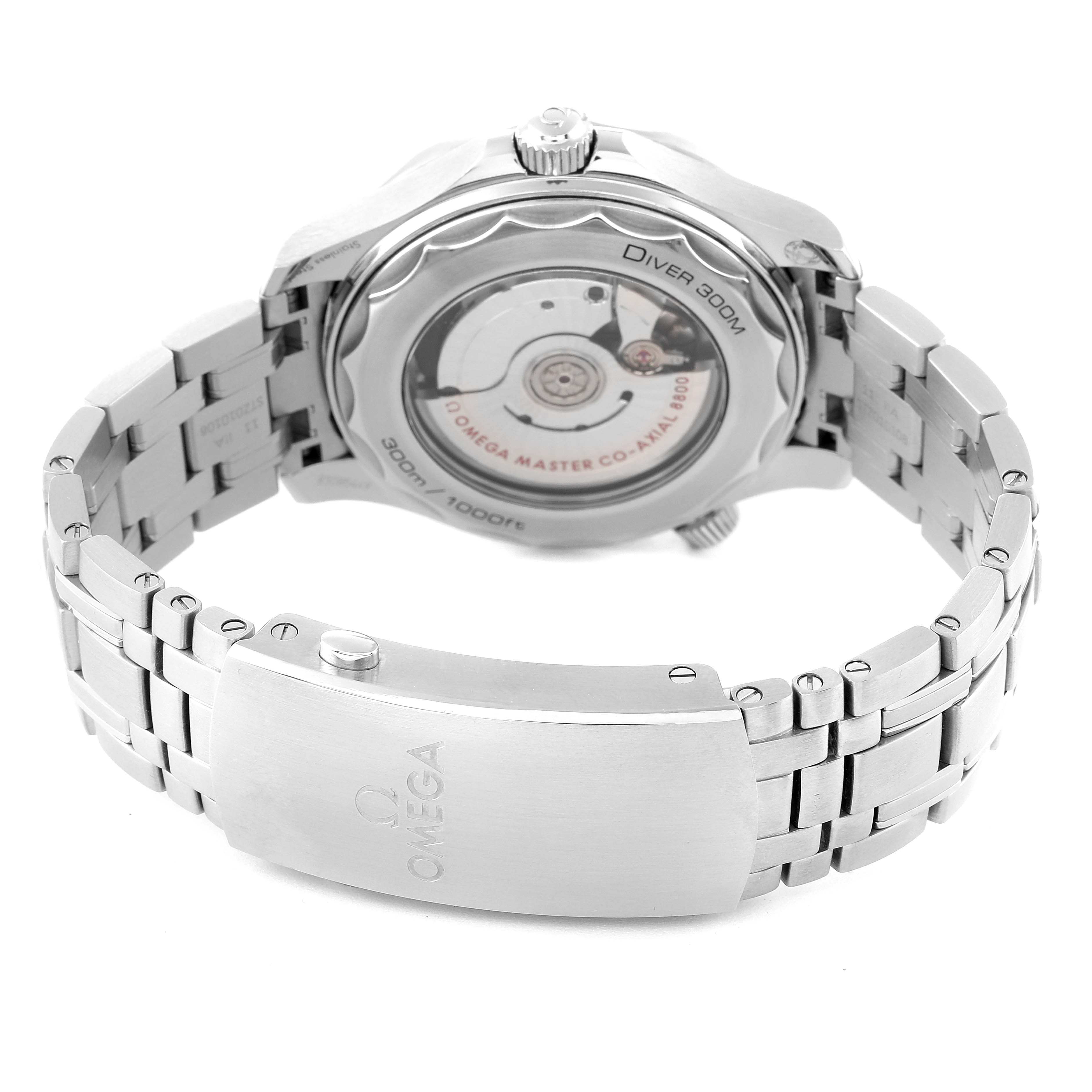 The image shows the back view of an Omega Seamaster 210.30.42.20.03.001 Men's Stainless Steel Blue Dial 210.30.42.20.03.001 Men's Stainless Steel Blue Dial watch, highlighting the case back and the stainless steel bracelet clasp.