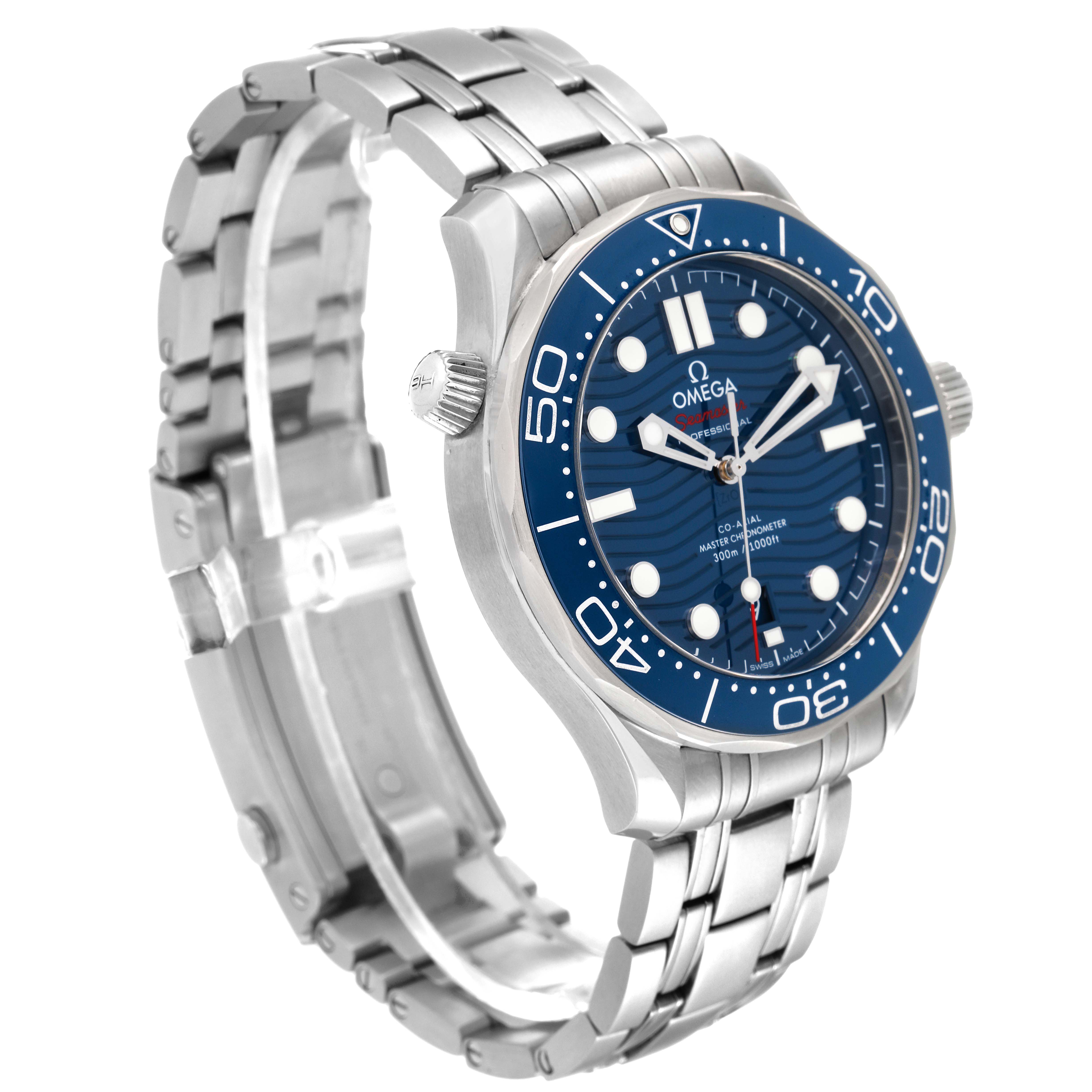 The image shows a side angle of the Omega Seamaster 210.30.42.20.03.001 Men's Stainless Steel Blue Dial 210.30.42.20.03.001 Men's Stainless Steel Blue Dial watch, highlighting its bracelet, case, bezel, and blue dial.