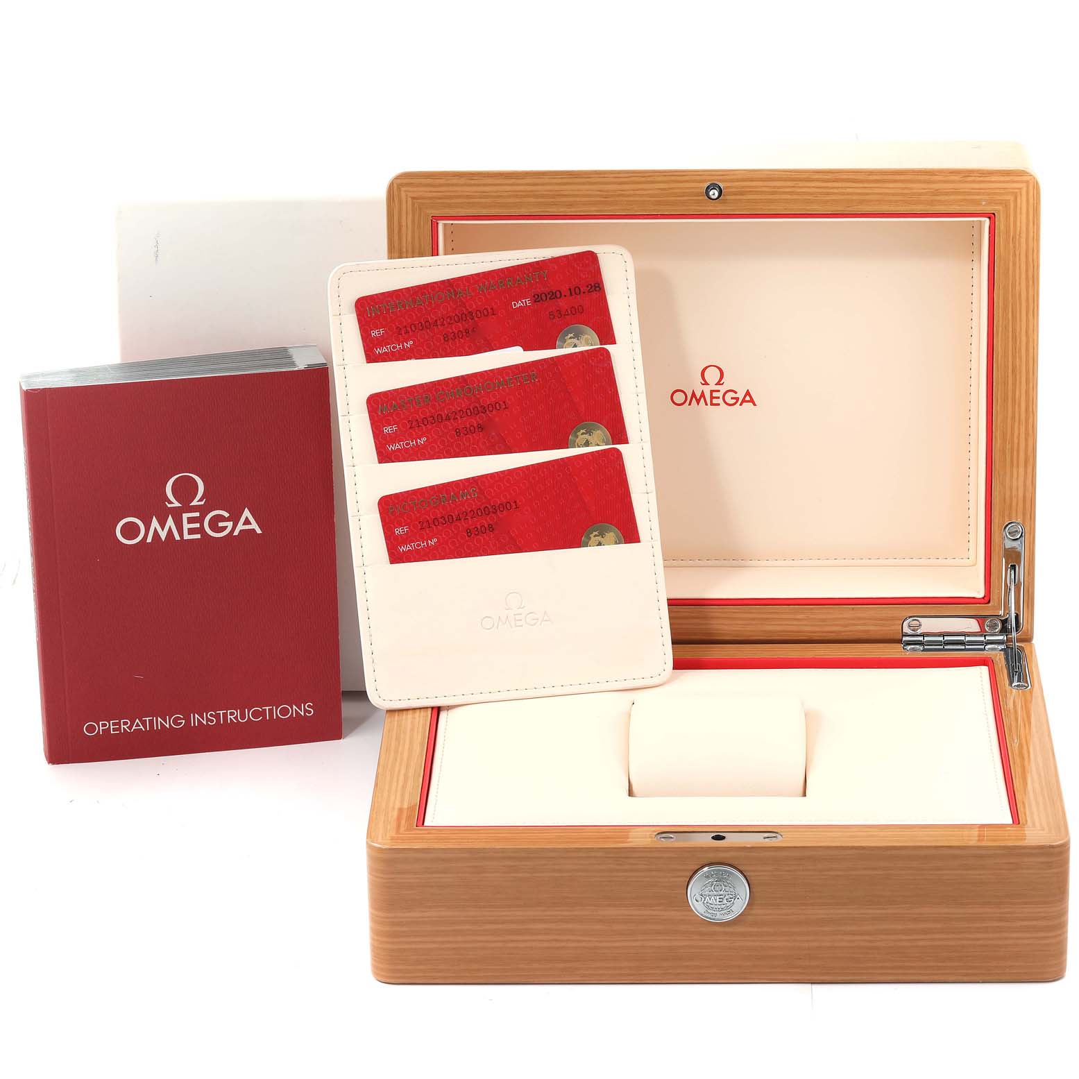 The image shows the packaging, warranty cards, and operating instructions for the Omega Seamaster 210.30.42.20.03.001 Men's Stainless Steel Blue Dial 210.30.42.20.03.001 Men's Stainless Steel Blue Dial watch.