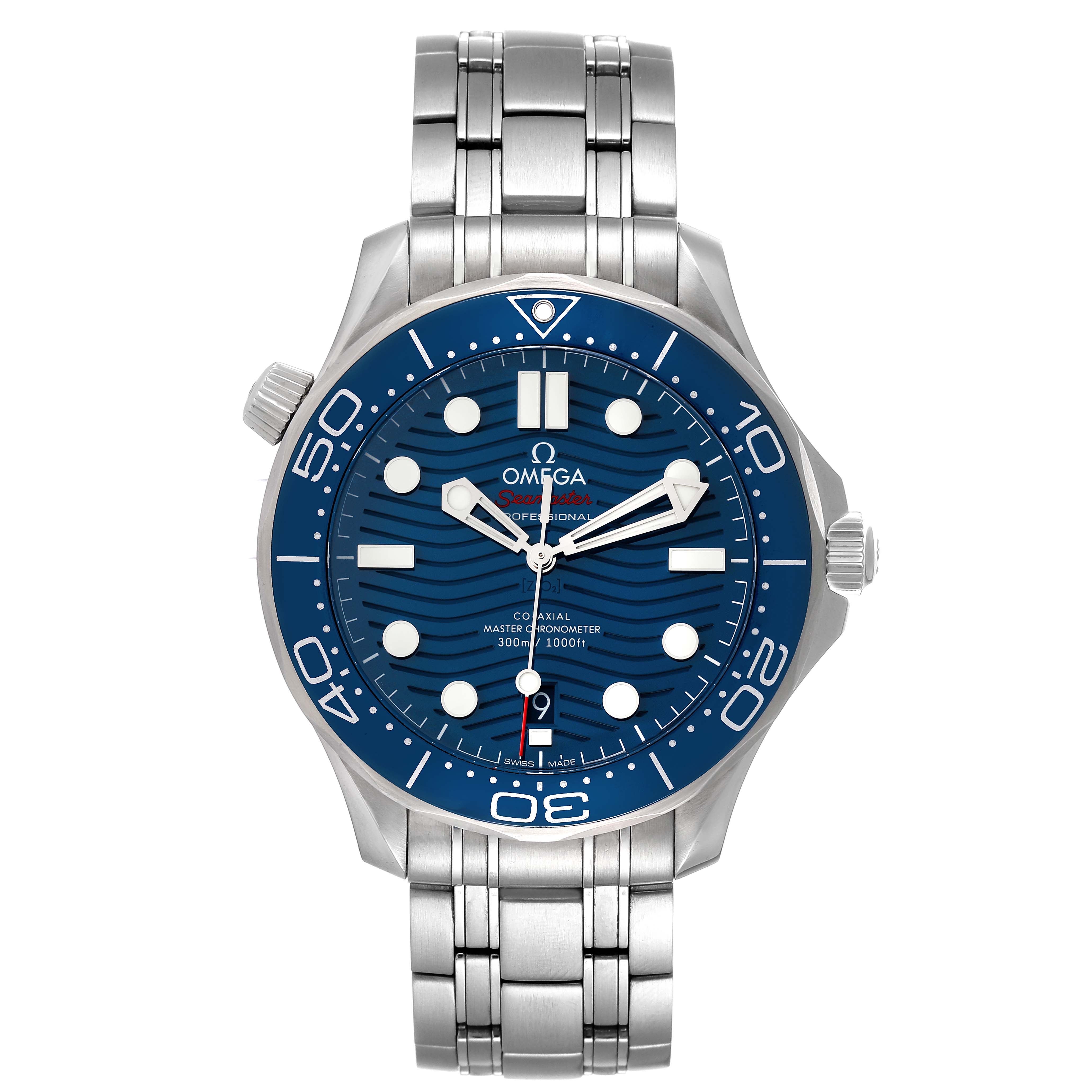 The image shows a front view of an Omega Seamaster 210.30.42.20.03.001 Men's Stainless Steel Blue Dial 210.30.42.20.03.001 Men's Stainless Steel Blue Dial watch, featuring its dial, bezel, and bracelet.