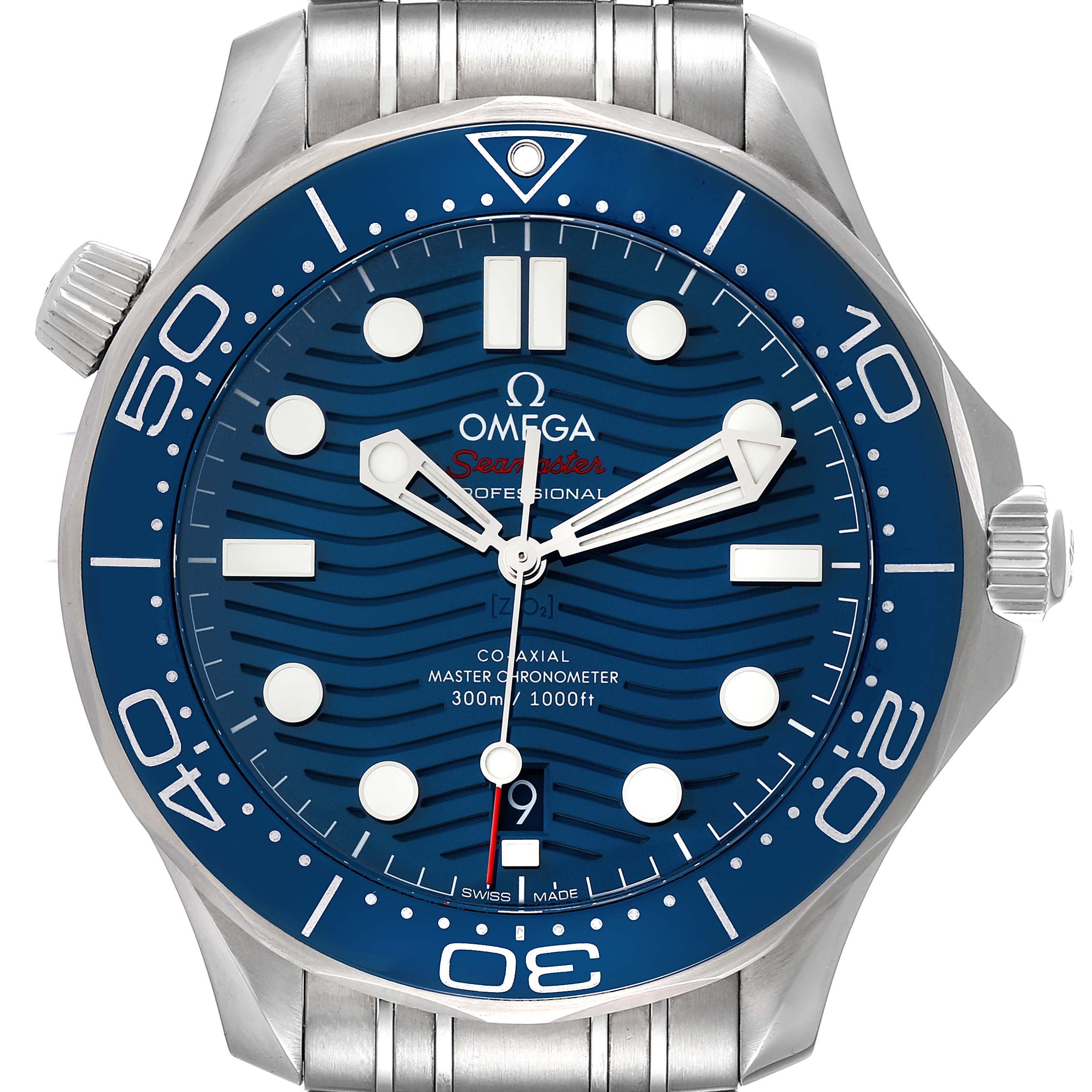 The watch, an Omega Seamaster 210.30.42.20.03.001 Men's Stainless Steel Blue Dial 210.30.42.20.03.001 Men's Stainless Steel Blue Dial model, is shown from a front angle highlighting the blue dial, bezel, and stainless steel bracelet.