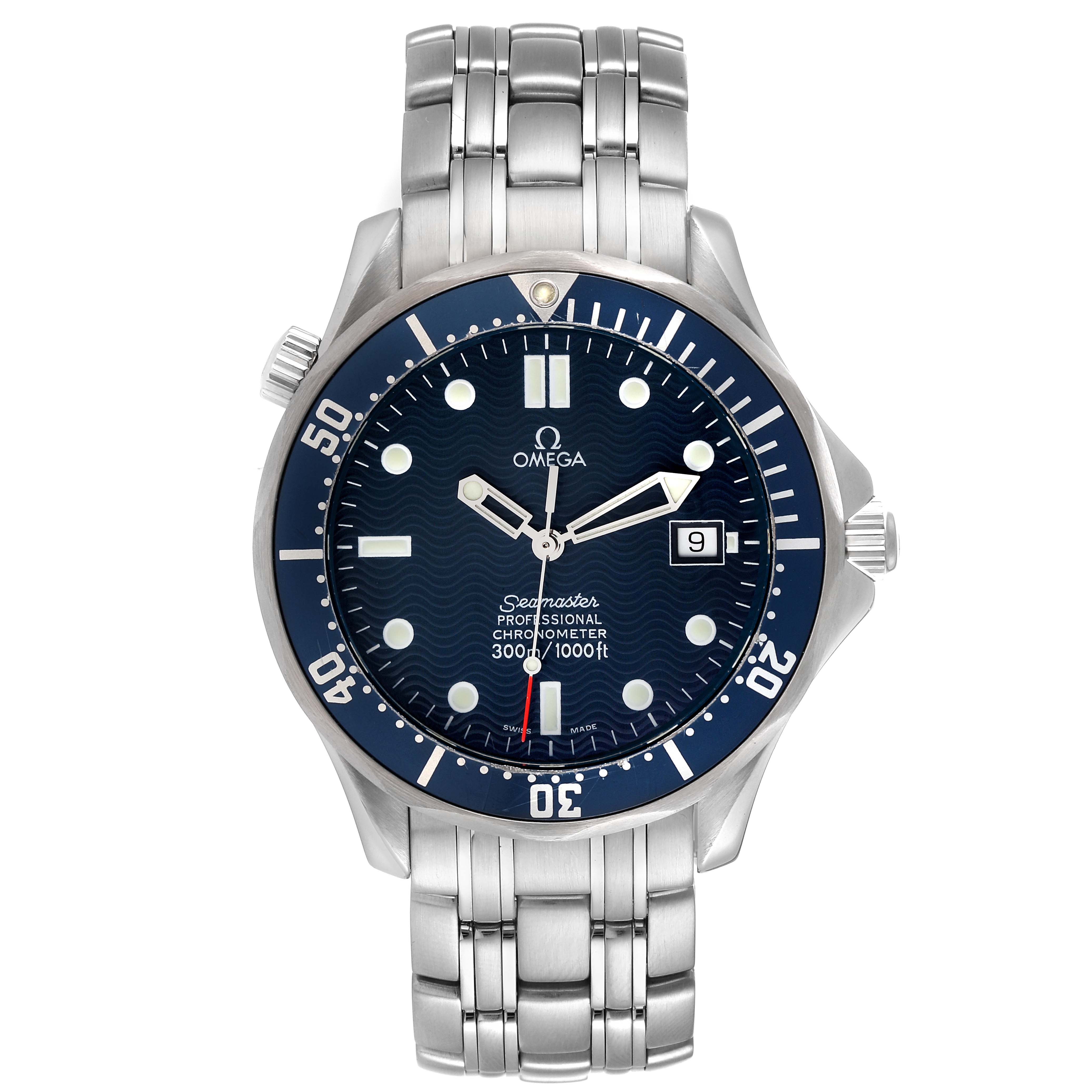 This image shows a front view of the Omega Seamaster 2531.80.00 Men's Stainless Steel Blue Dial 2531.80.00 Men's Stainless Steel Blue Dial watch, highlighting the dial, bezel, hands, date, and bracelet.