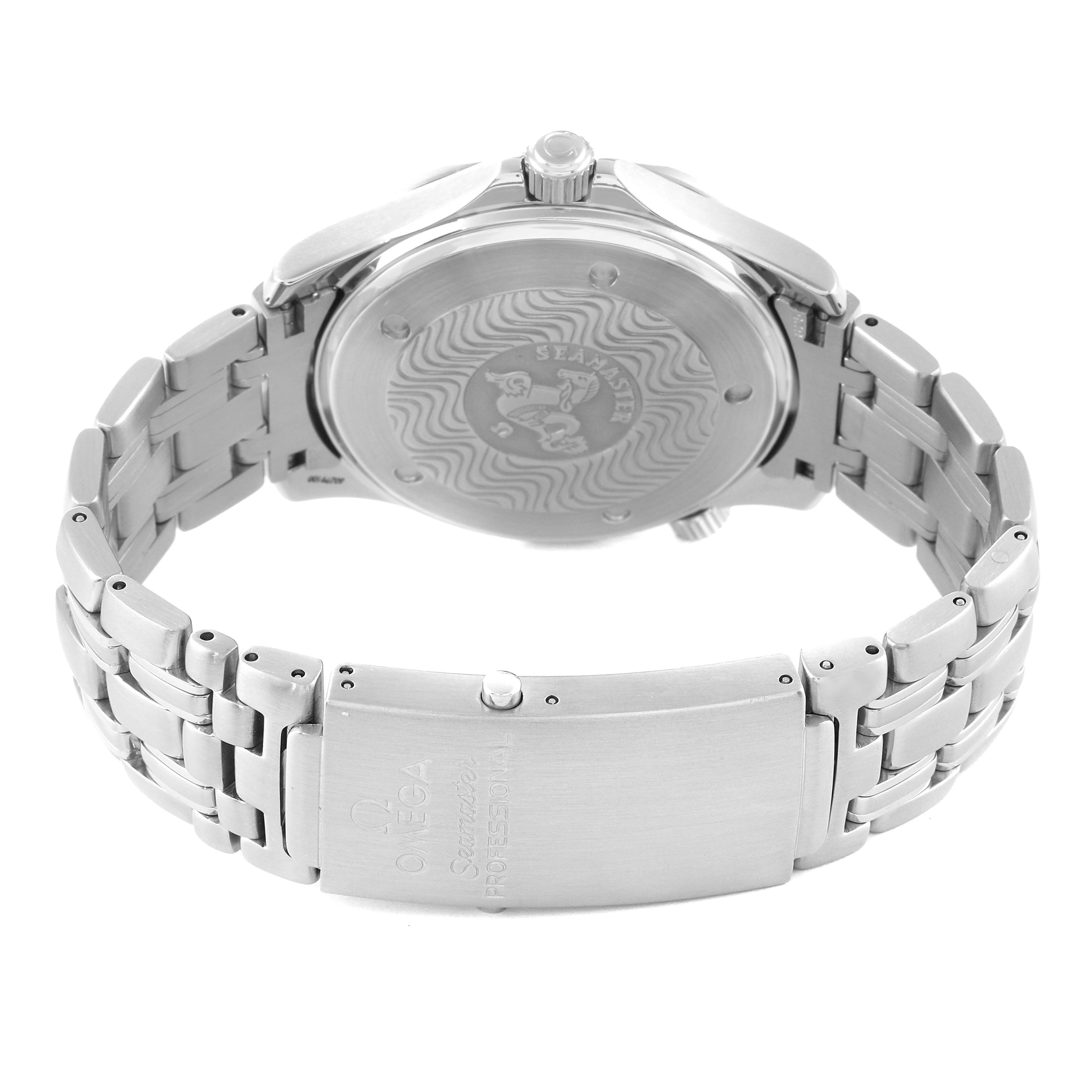 The image shows the back case, crown, and bracelet of an Omega Seamaster 2531.80.00 Men's Stainless Steel Blue Dial 2531.80.00 Men's Stainless Steel Blue Dial watch.