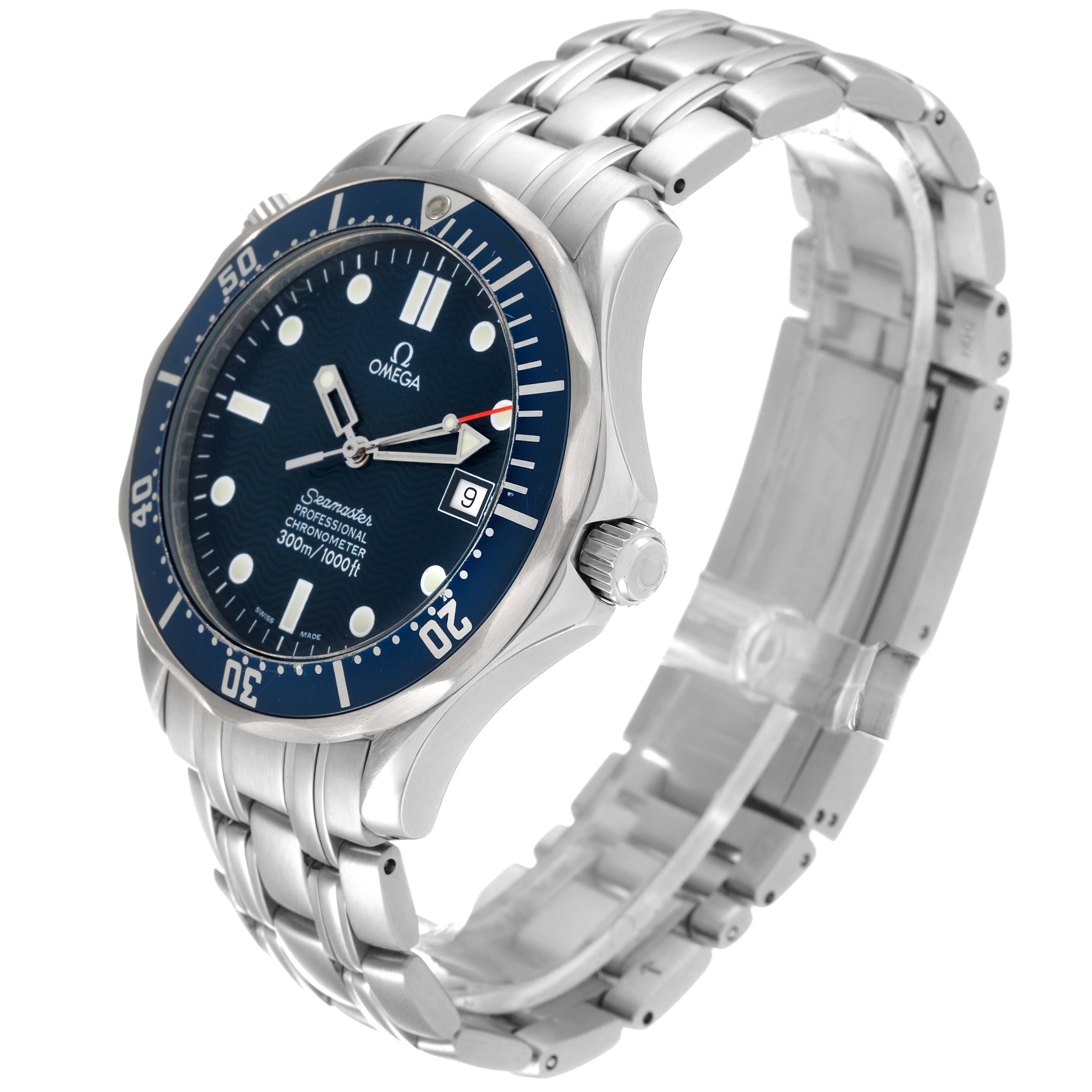 The image shows a side and front angle view of the Omega Seamaster 2531.80.00 Men's Stainless Steel Blue Dial 2531.80.00 Men's Stainless Steel Blue Dial watch, highlighting its dial, bezel, and stainless steel bracelet.