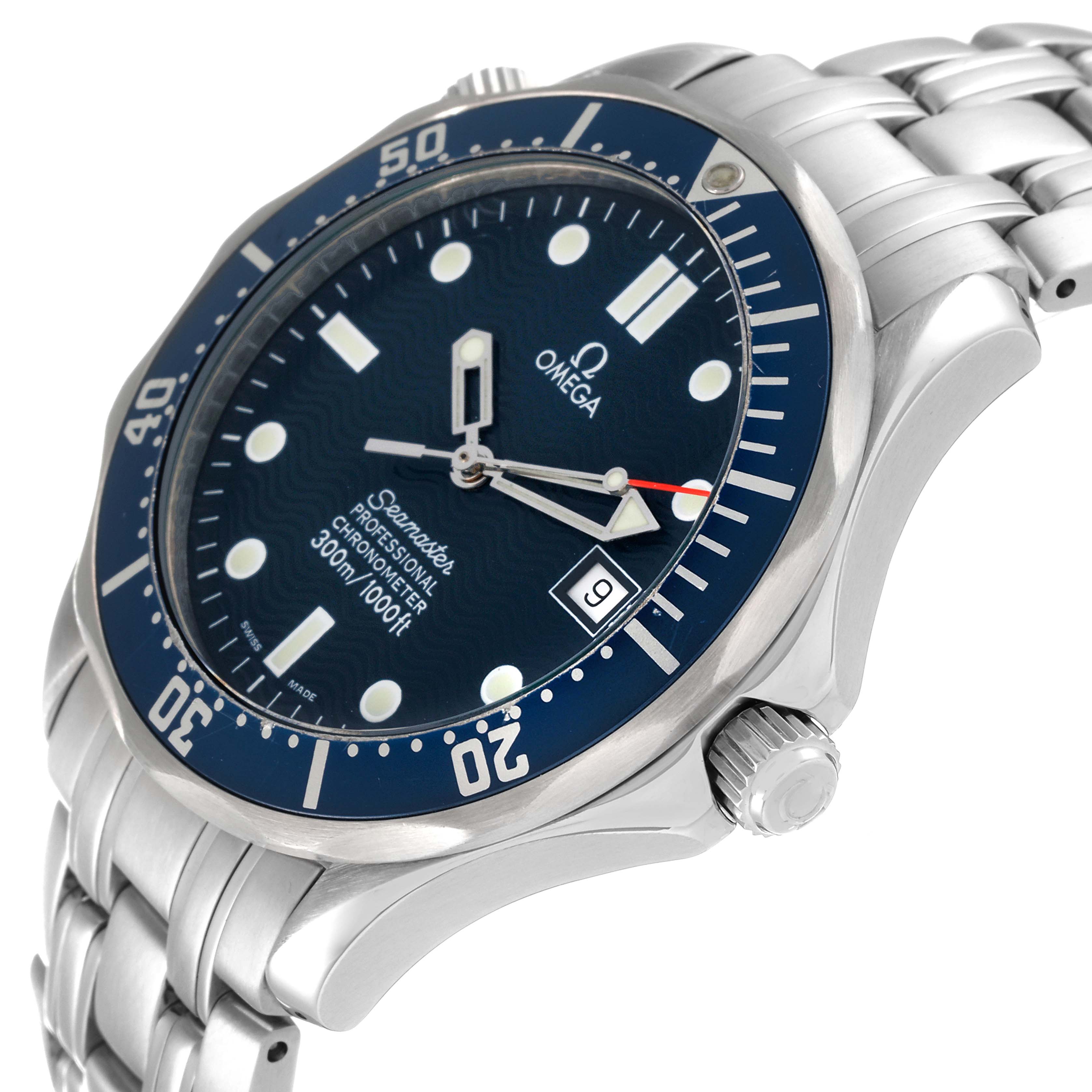 The image shows a side angle of the Omega Seamaster 2531.80.00 Men's Stainless Steel Blue Dial 2531.80.00 Men's Stainless Steel Blue Dial watch, highlighting the dial, bezel, crown, and part of the bracelet.