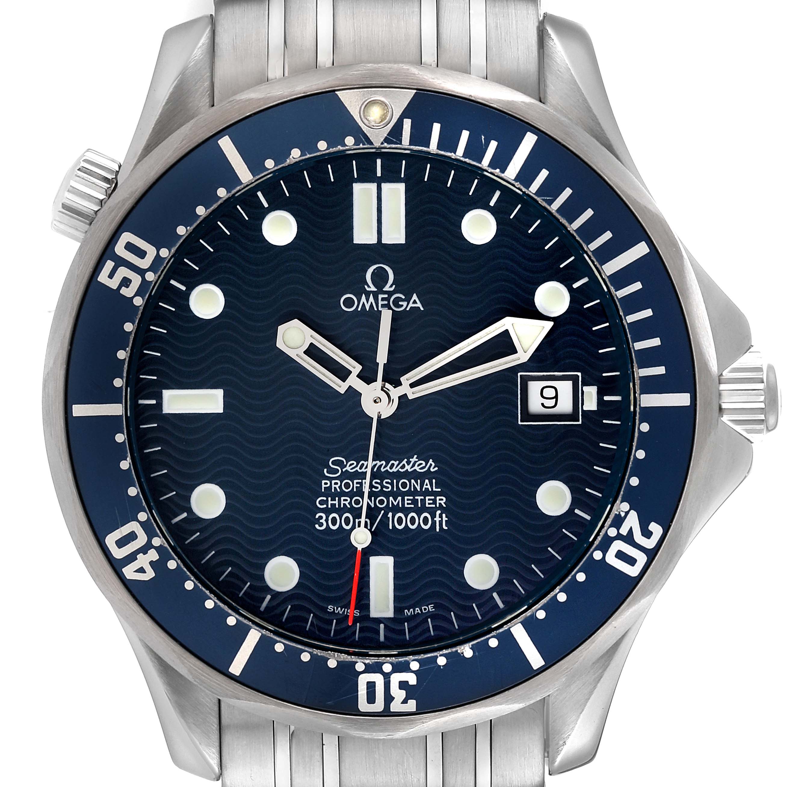 The image shows a front view of the Omega Seamaster 2531.80.00 Men's Stainless Steel Blue Dial 2531.80.00 Men's Stainless Steel Blue Dial watch, highlighting the dial, bezel, and part of the bracelet.