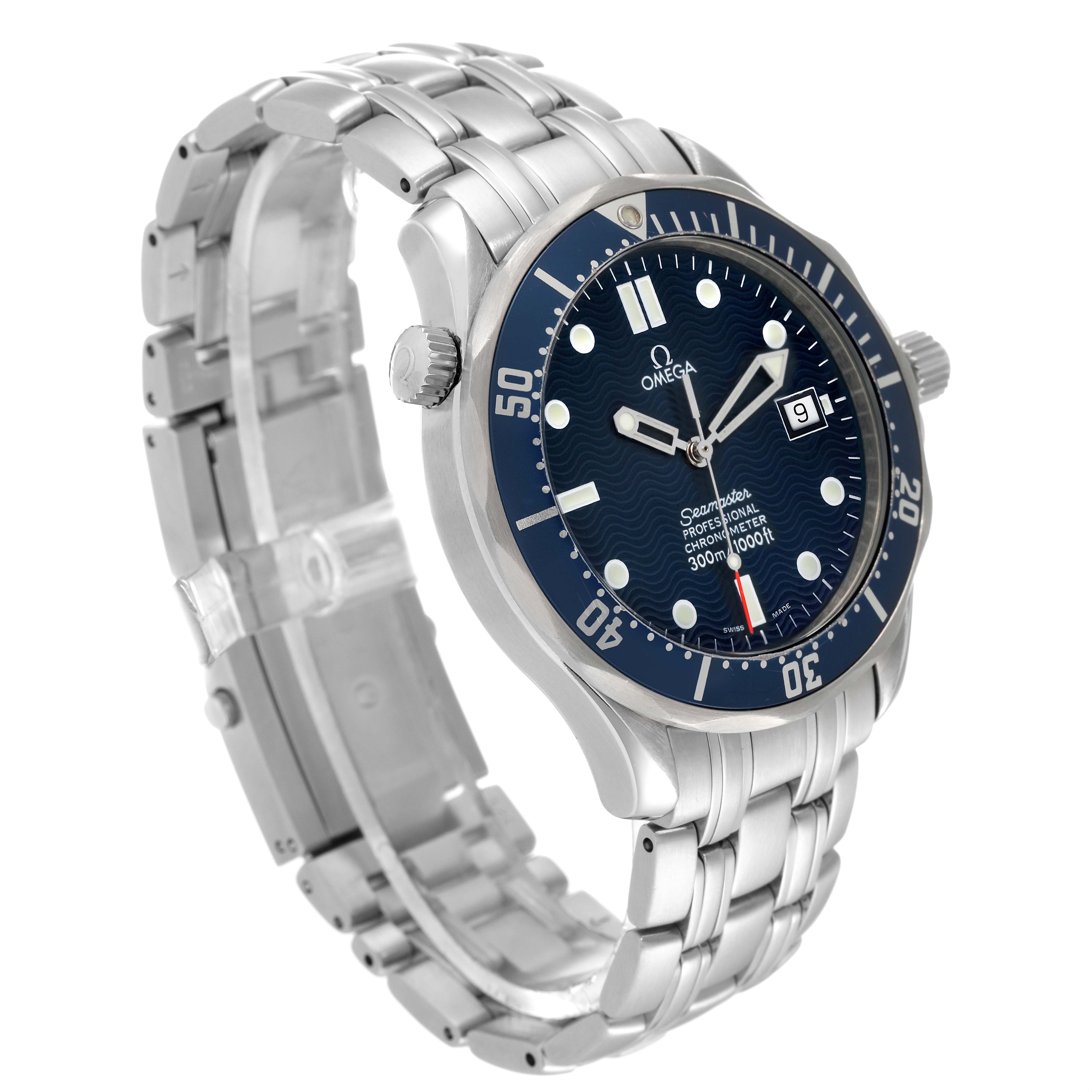 The Omega Seamaster 2531.80.00 Men's Stainless Steel Blue Dial 2531.80.00 Men's Stainless Steel Blue Dial watch is shown at a three-quarter angle, displaying the dial, bezel, and stainless steel bracelet.
