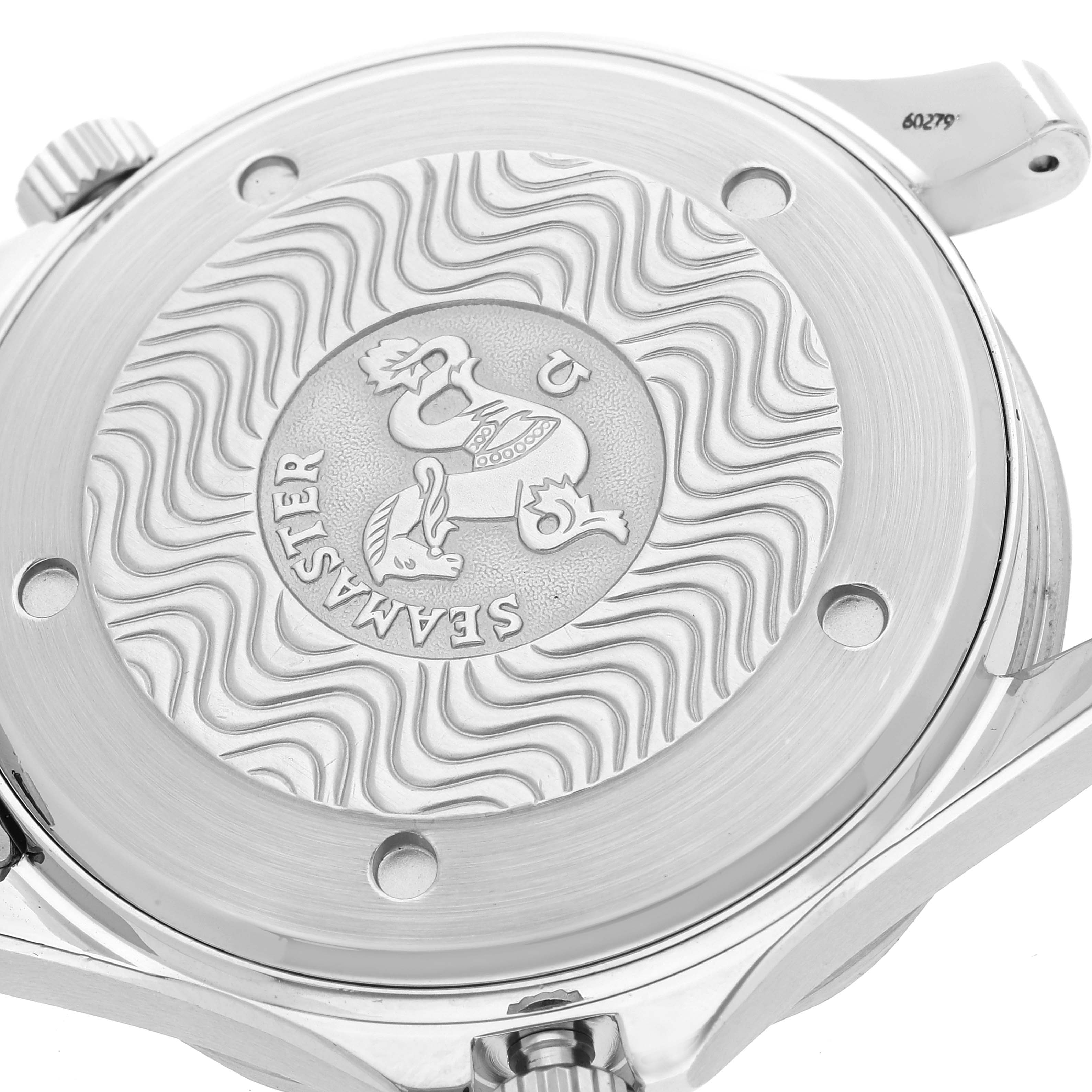 The image shows the back case of an Omega Seamaster 2531.80.00 Men's Stainless Steel Blue Dial 2531.80.00 Men's Stainless Steel Blue Dial watch, highlighting the engraved emblem and textured design.