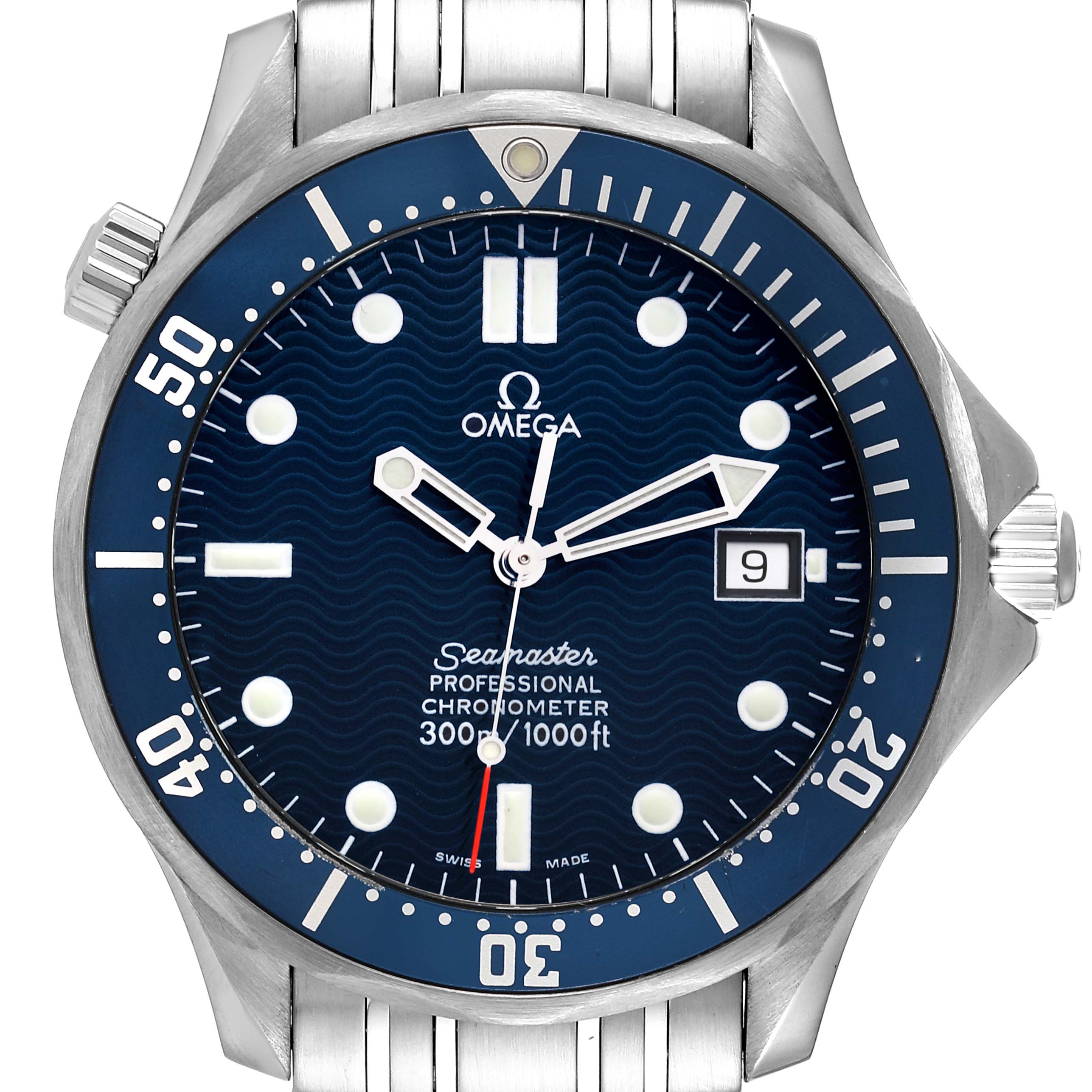 The image shows a front view of the Omega Seamaster 2531.80.00 Men's Stainless Steel Blue Dial 2531.80.00 Men's Stainless Steel Blue Dial watch, highlighting the dial, bezel, and part of the bracelet.