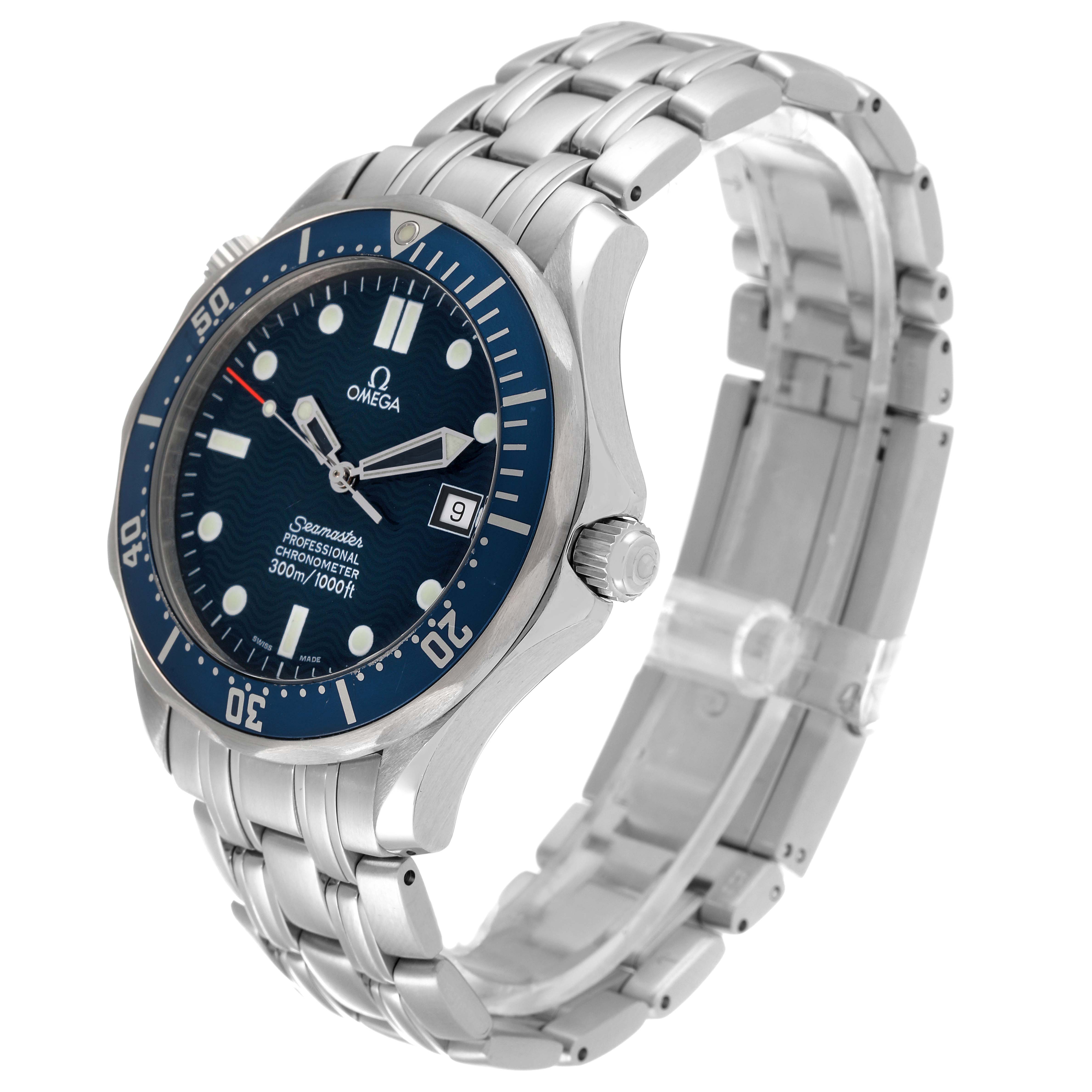The Omega Seamaster 2531.80.00 Men's Stainless Steel Blue Dial 2531.80.00 Men's Stainless Steel Blue Dial watch is shown at a three-quarter angle, highlighting its face, bezel, crown, and metal bracelet.