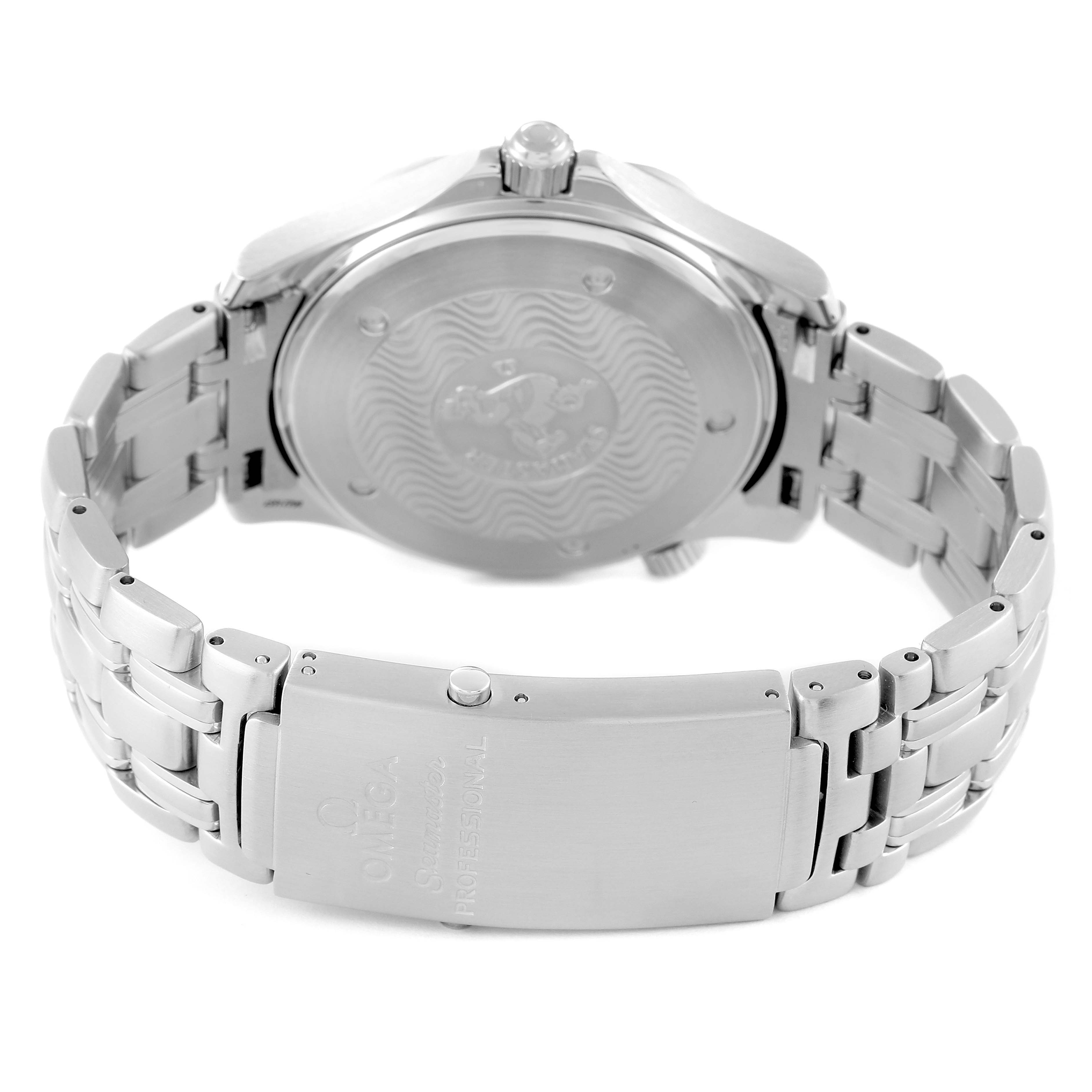 This image shows the back angle of the Omega Seamaster 2531.80.00 Men's Stainless Steel Blue Dial 2531.80.00 Men's Stainless Steel Blue Dial, highlighting its case back and stainless steel bracelet with the clasp.