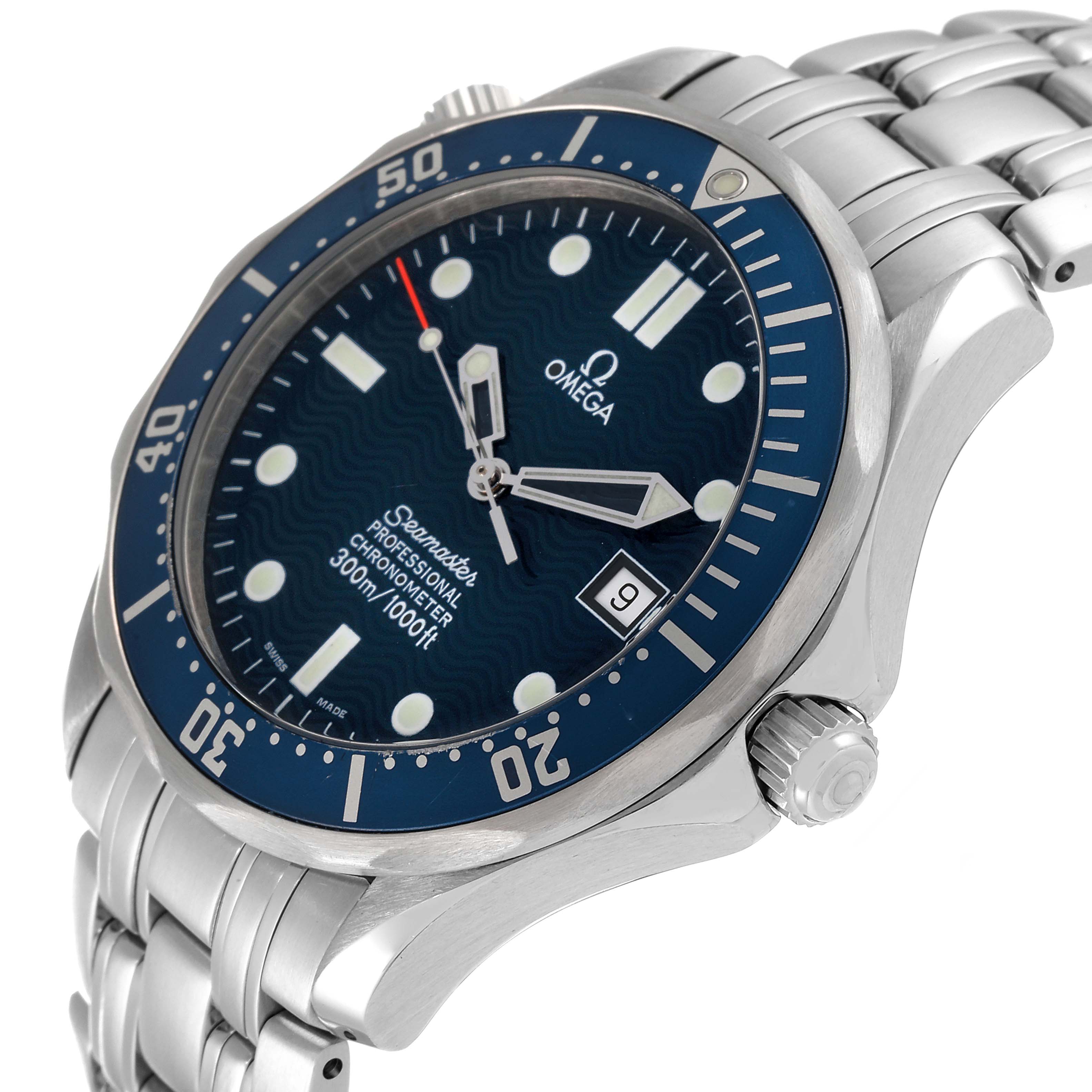 The image shows an Omega Seamaster 2531.80.00 Men's Stainless Steel Blue Dial 2531.80.00 Men's Stainless Steel Blue Dial watch from a three-quarter angle, highlighting the face, bezel, crown, and part of the bracelet.