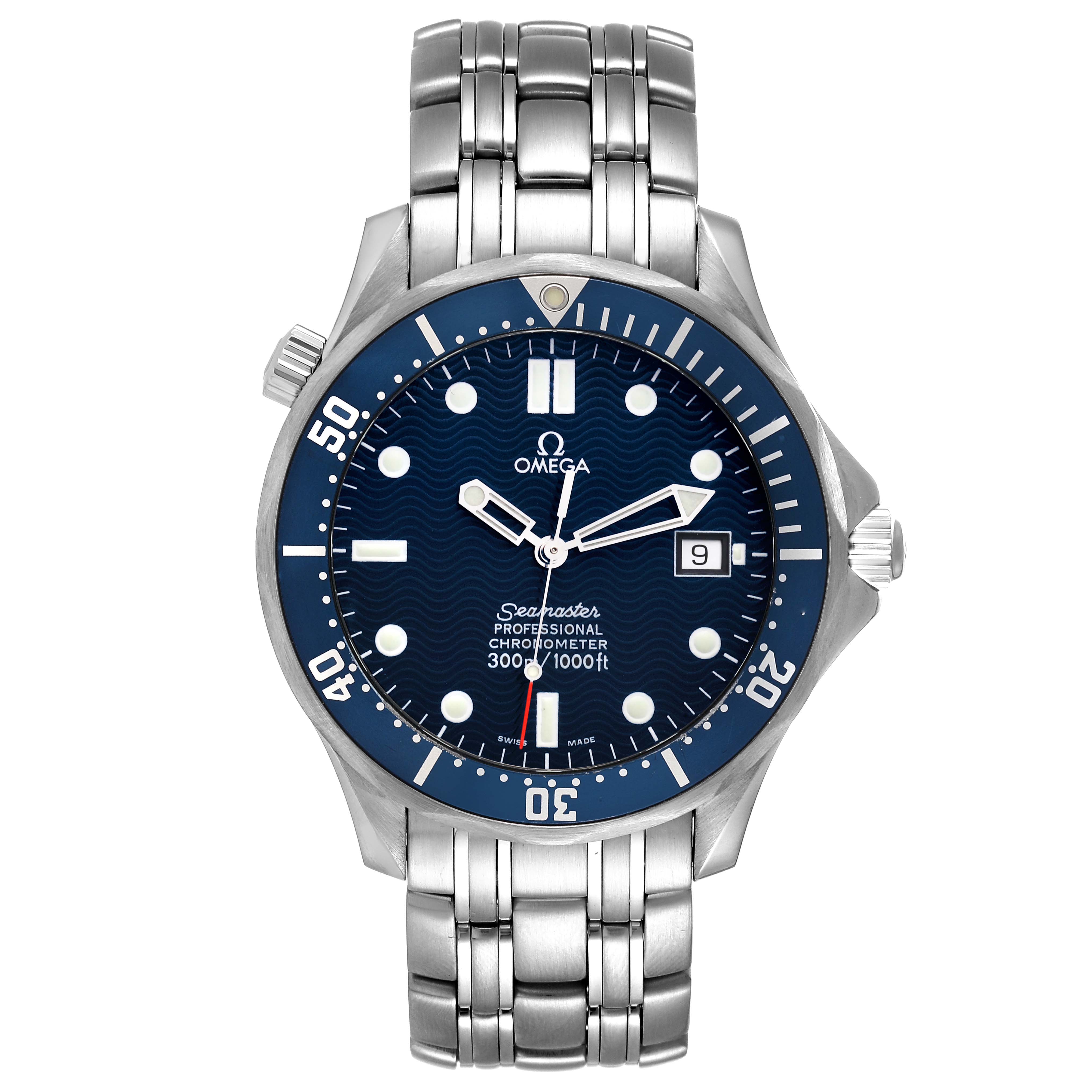 The image shows a frontal view of an Omega Seamaster 2531.80.00 Men's Stainless Steel Blue Dial 2531.80.00 Men's Stainless Steel Blue Dial watch, highlighting its dial, bezel, and metallic bracelet.