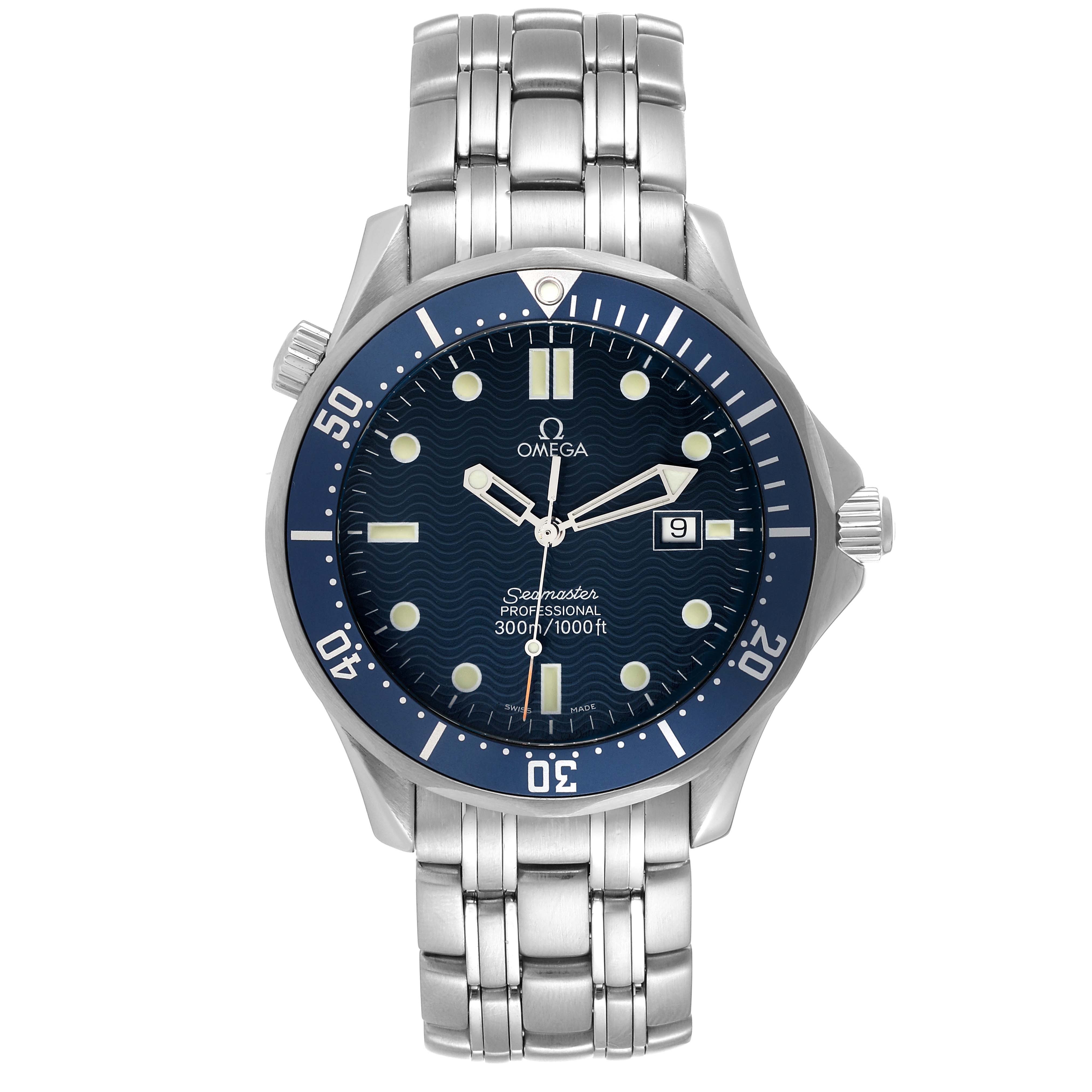 The image shows a front view of an Omega Seamaster 2541.80.00 Men's Stainless Steel Blue Dial 2541.80.00 Men's Stainless Steel Blue Dial watch, displaying its face, bezel, and metal bracelet.