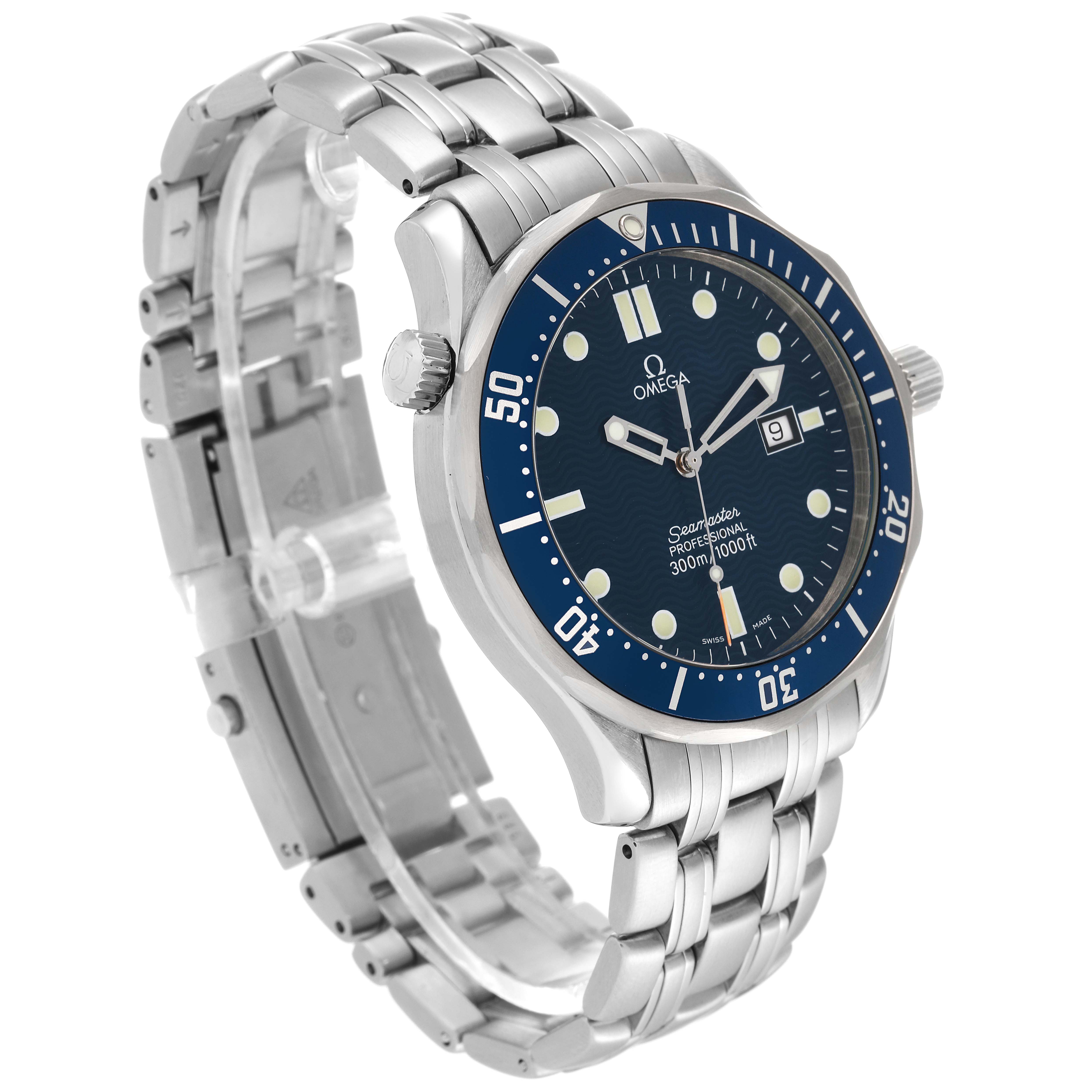 The Omega Seamaster 2541.80.00 Men's Stainless Steel Blue Dial 2541.80.00 Men's Stainless Steel Blue Dial watch is shown at an angle displaying the blue dial, bezel, stainless steel bracelet, and crown.