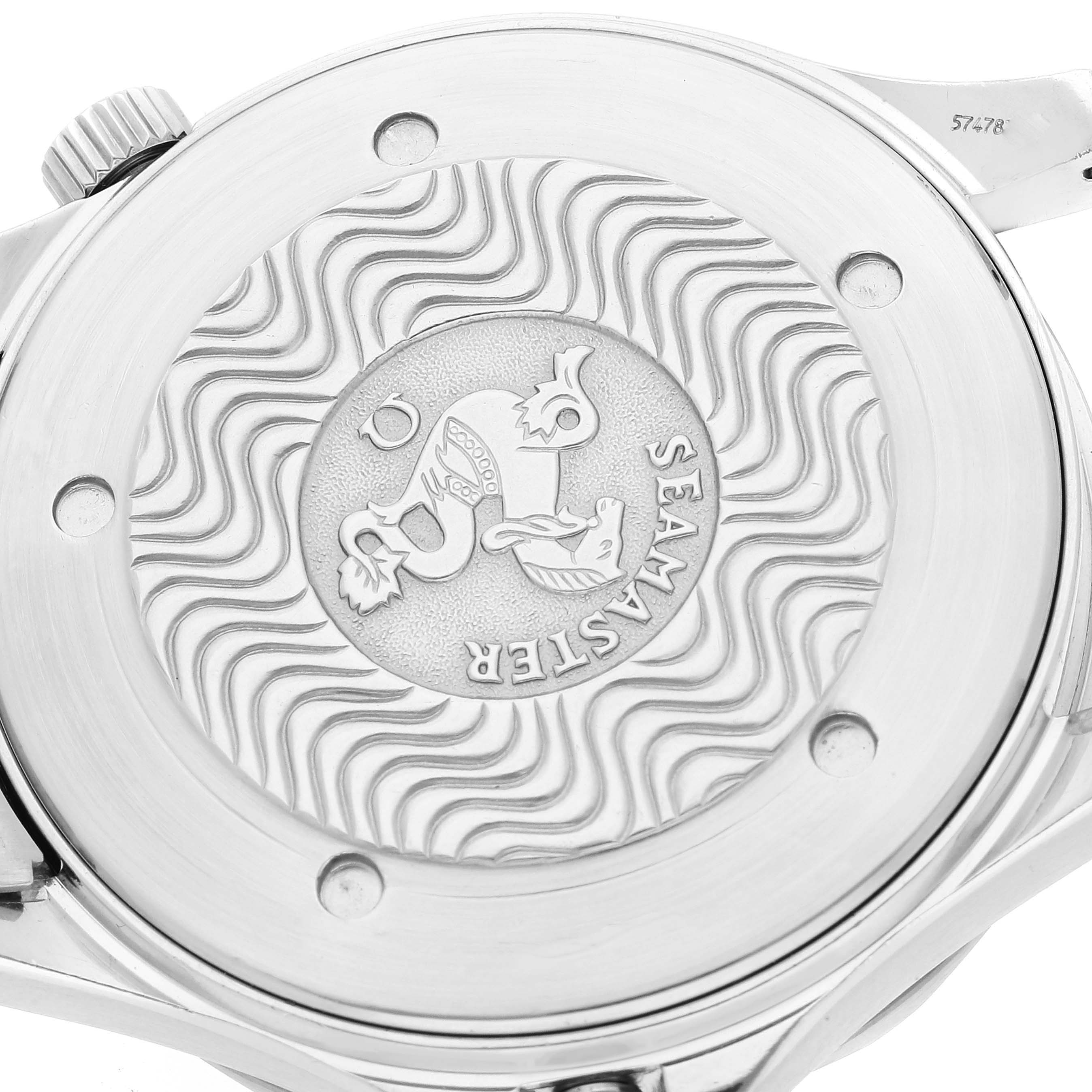 This image shows the case back of an Omega Seamaster 2541.80.00 Men's Stainless Steel Blue Dial 2541.80.00 Men's Stainless Steel Blue Dial watch, featuring an engraved seahorse logo and wave pattern.