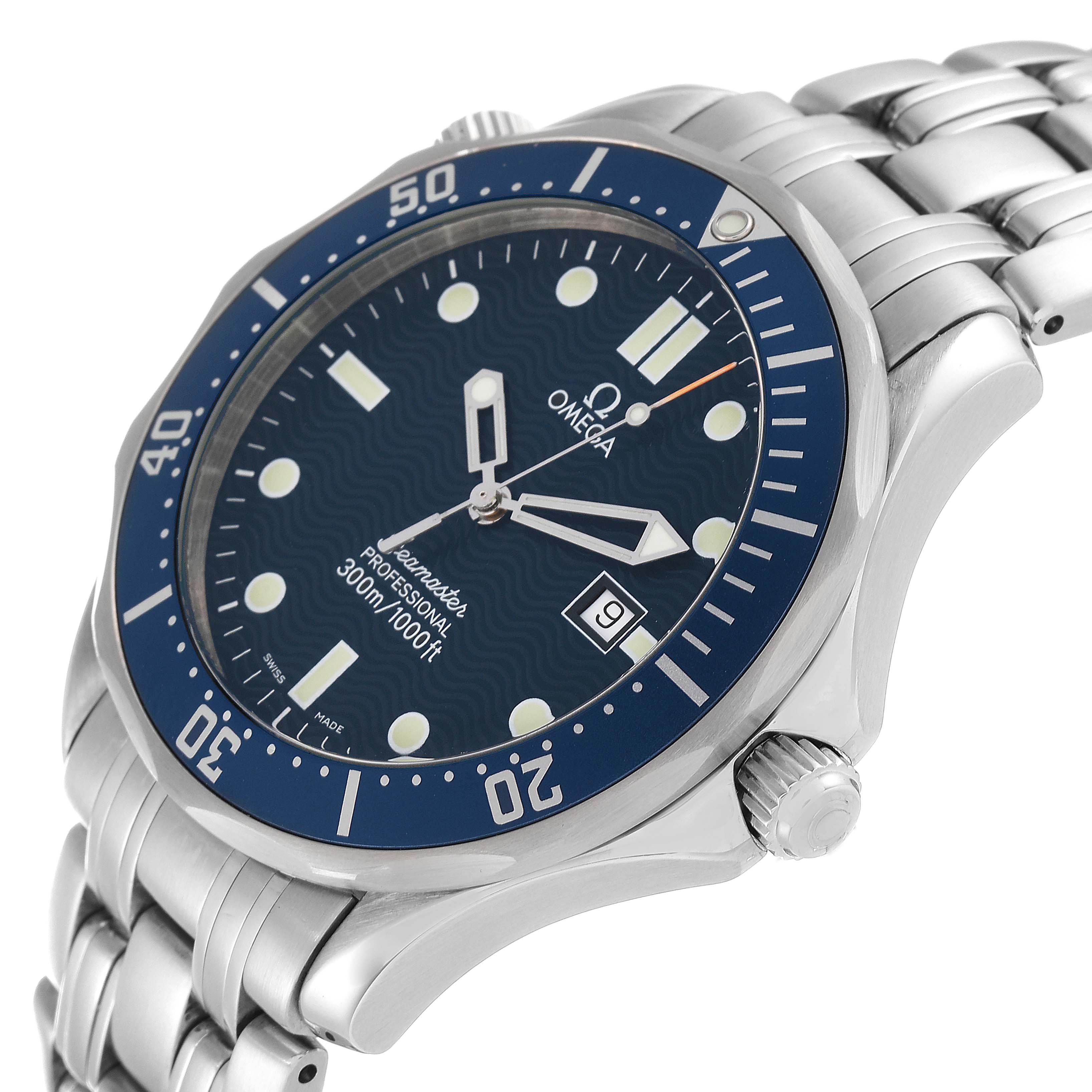 The image shows a side angle of the Omega Seamaster 2541.80.00 Men's Stainless Steel Blue Dial 2541.80.00 Men's Stainless Steel Blue Dial watch, highlighting the bezel, dial, case, bracelet, and crown.