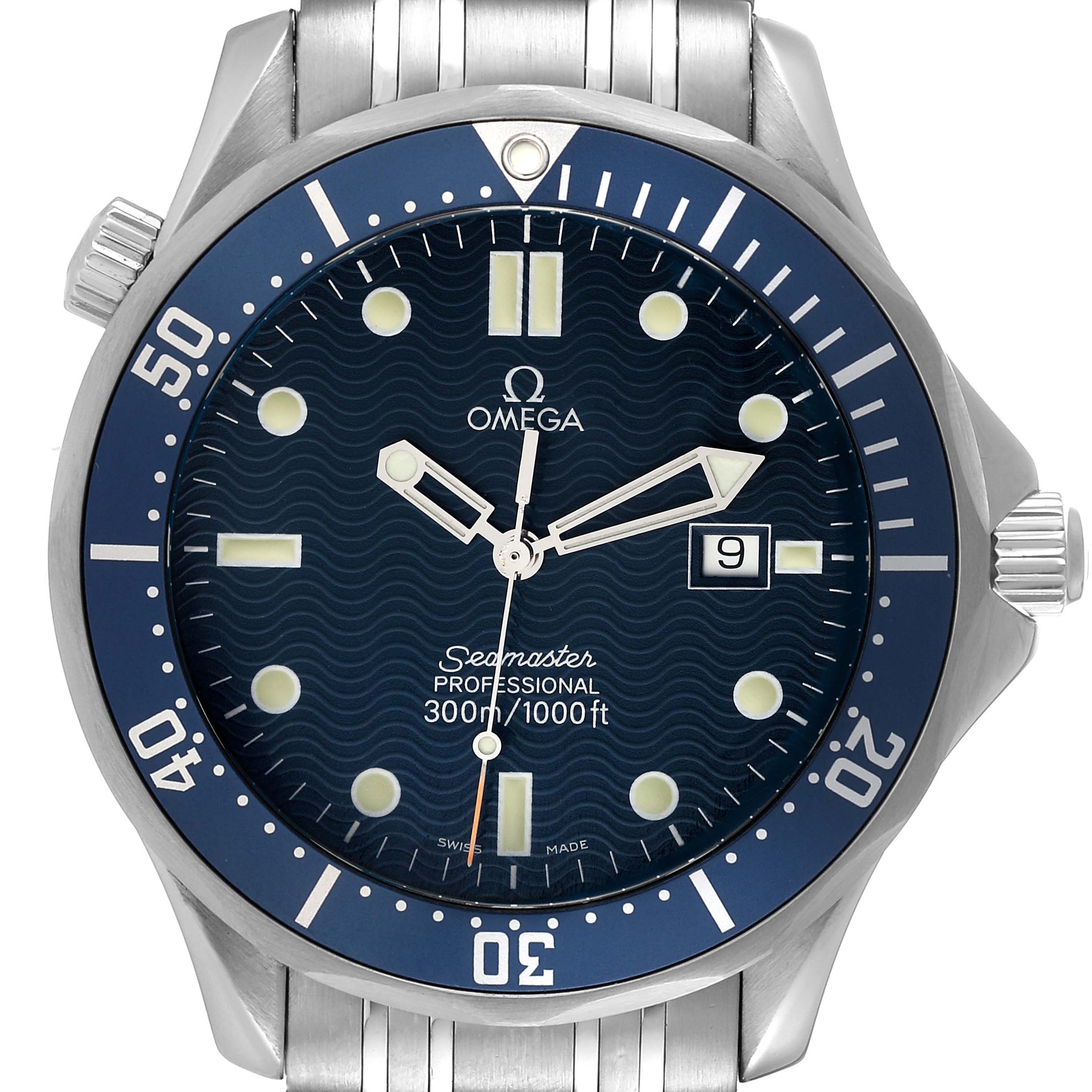 This image shows a front view of the Omega Seamaster 2541.80.00 Men's Stainless Steel Blue Dial 2541.80.00 Men's Stainless Steel Blue Dial watch, highlighting its dial, hands, date window, and bezel.