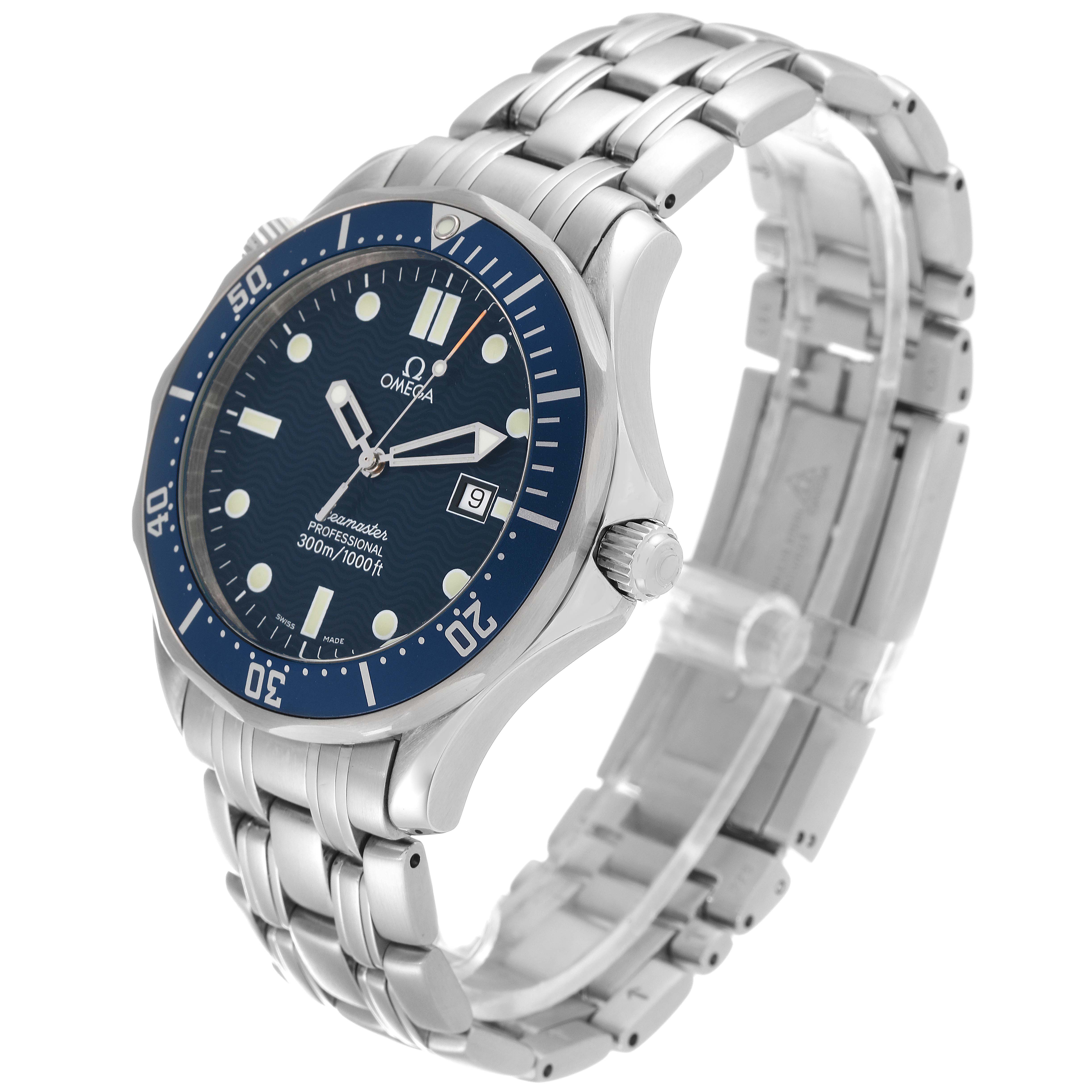 The Omega Seamaster 2541.80.00 Men's Stainless Steel Blue Dial 2541.80.00 Men's Stainless Steel Blue Dial watch is shown at an angled side view, displaying the dial, bezel, crown, and metal bracelet.