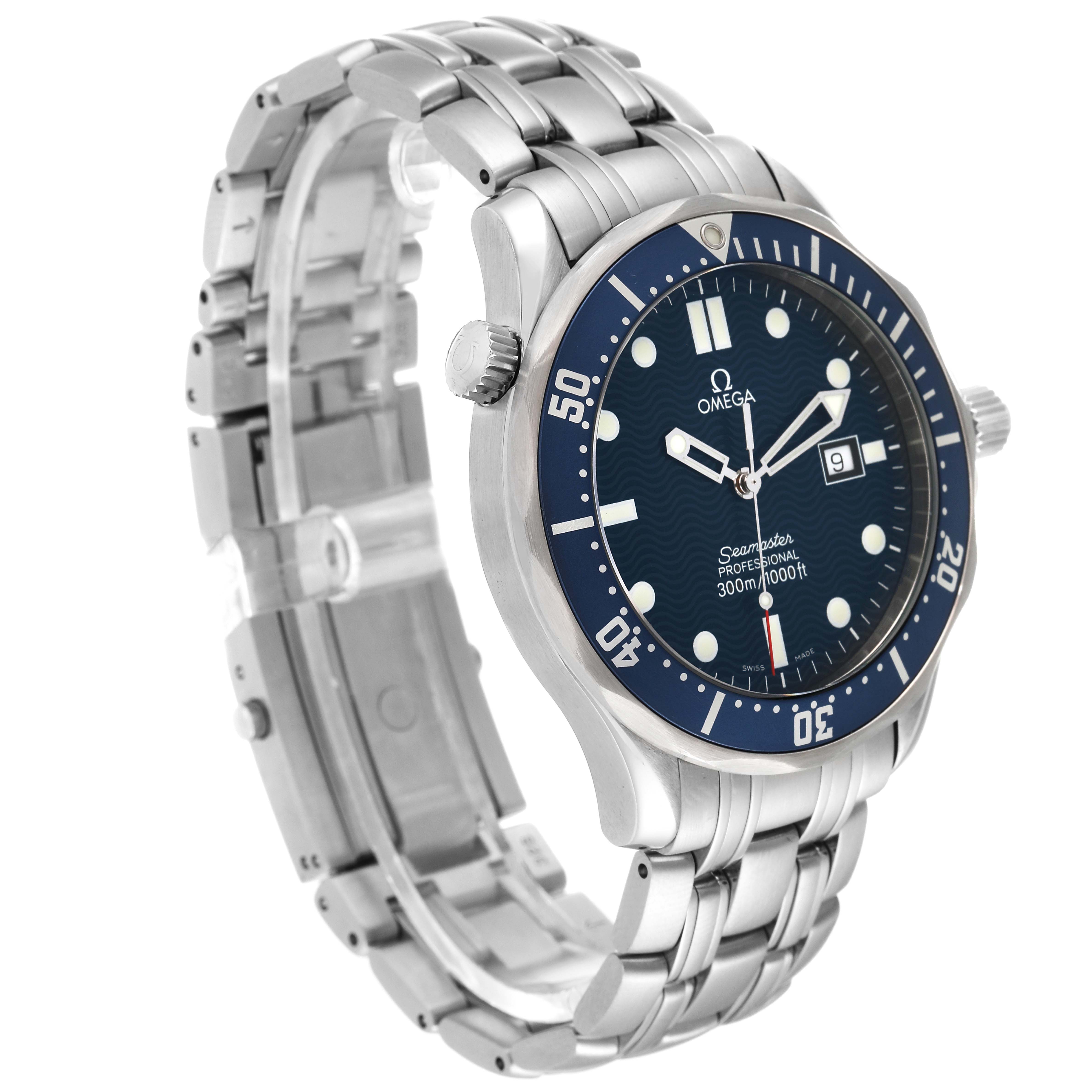 This image shows a side angle of the Omega Seamaster 2541.80.00 Men's Stainless Steel Blue Dial 2541.80.00 Men's Stainless Steel Blue Dial watch depicting its blue face, silver bezel, and stainless steel bracelet.