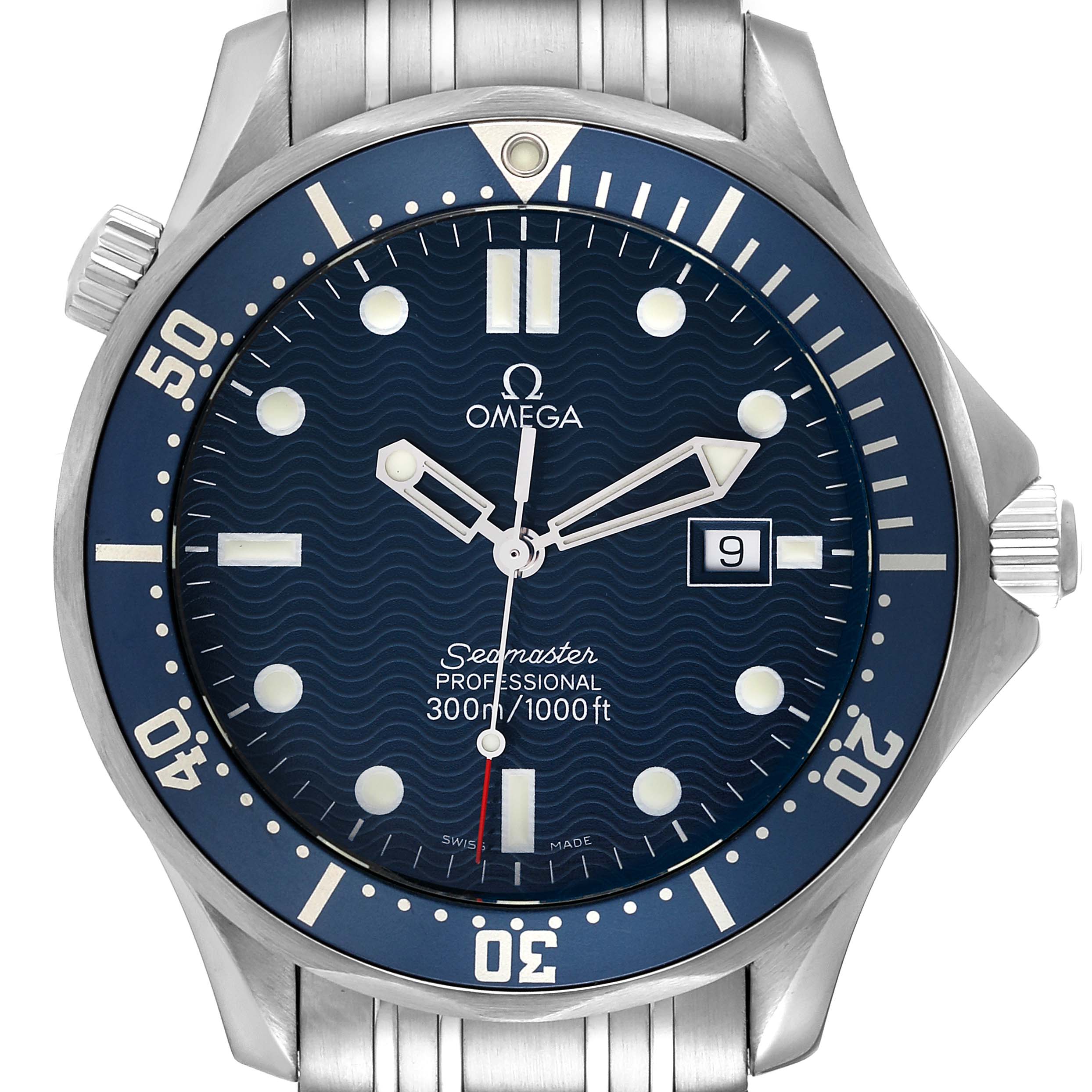 The image shows a front view of the Omega Seamaster 2541.80.00 Men's Stainless Steel Blue Dial 2541.80.00 Men's Stainless Steel Blue Dial watch, highlighting the dial, bezel, hands, and bracelet.