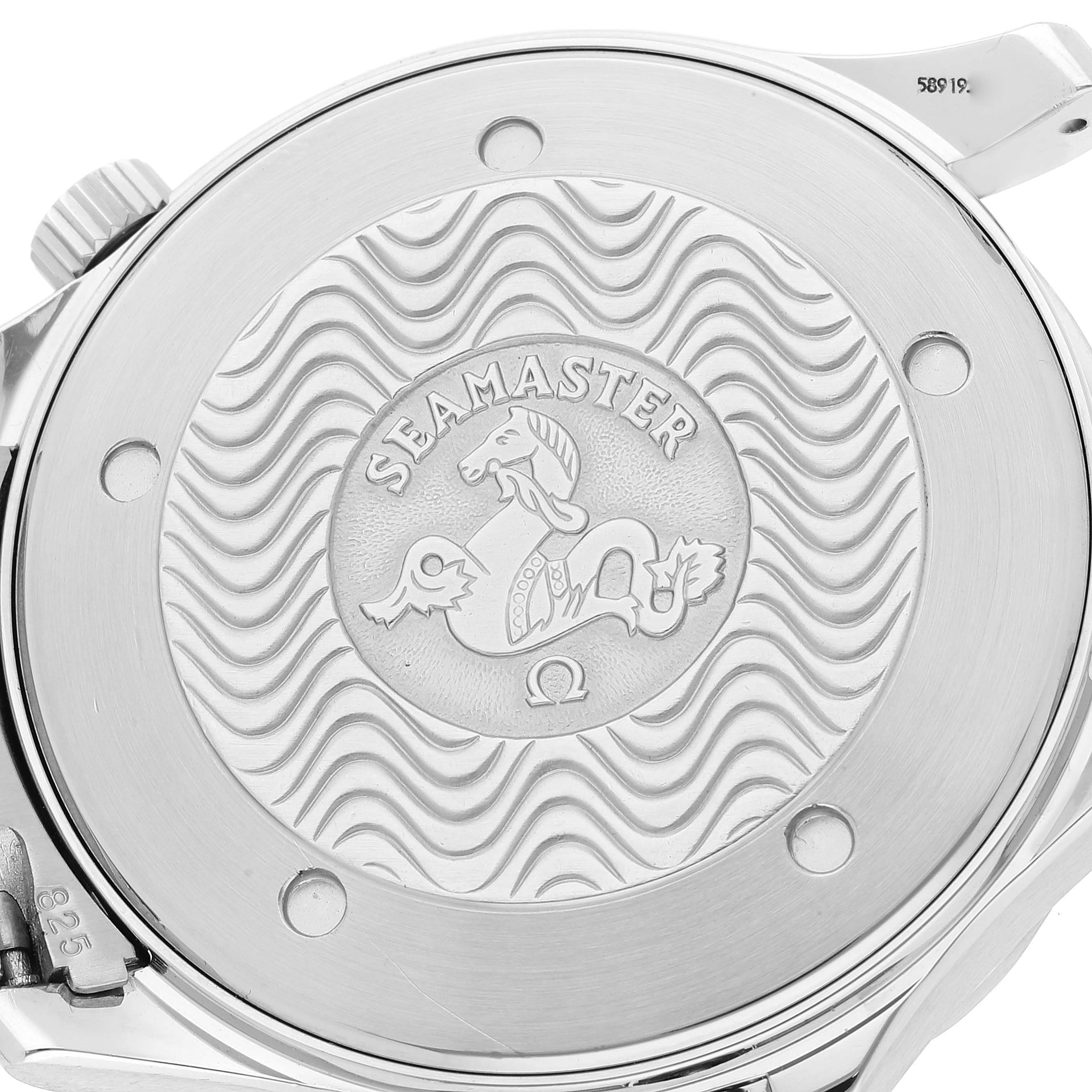 This image shows the back case of an Omega Seamaster 2541.80.00 Men's Stainless Steel Blue Dial 2541.80.00 Men's Stainless Steel Blue Dial watch, displaying the decorative emblem and wave pattern.