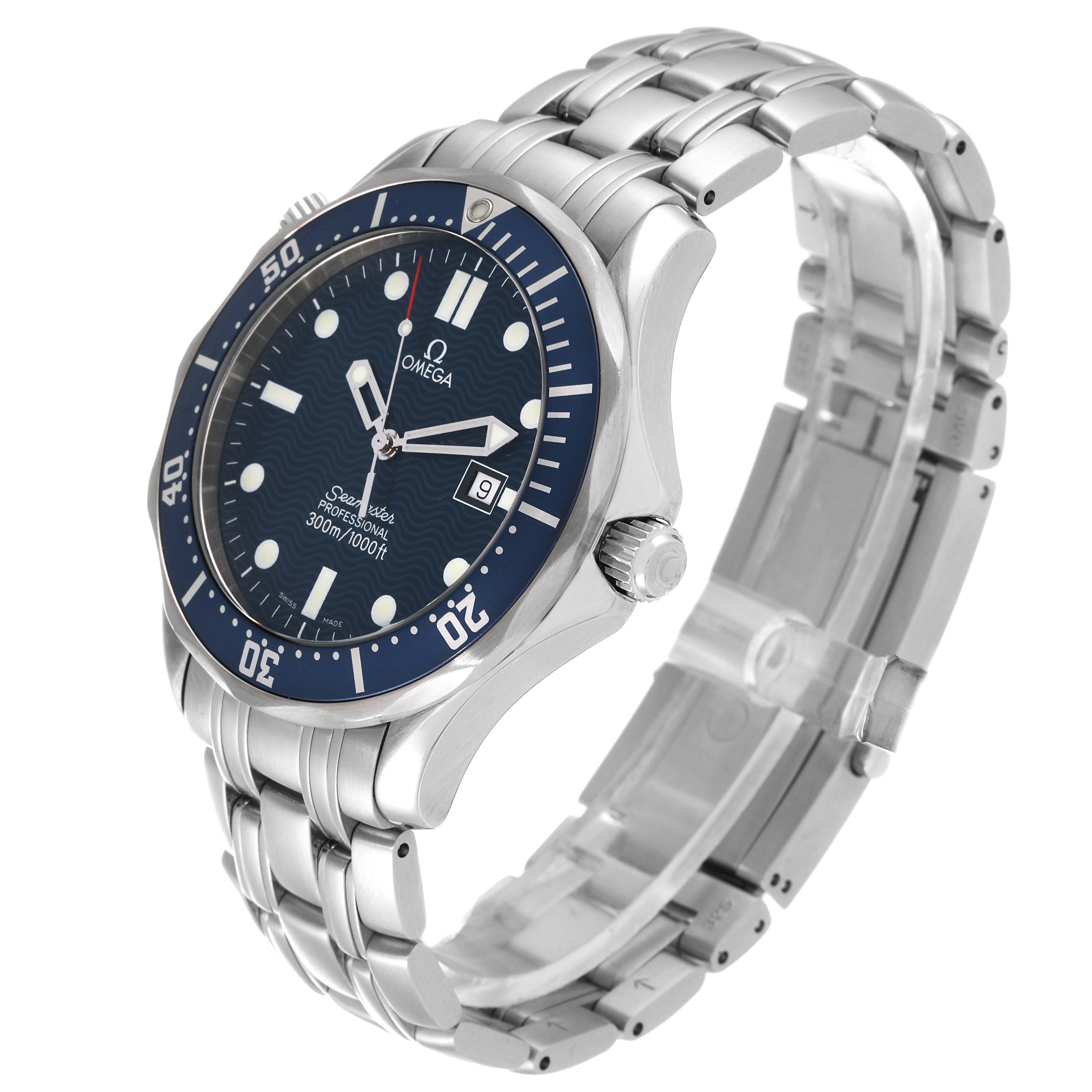 The Omega Seamaster 2541.80.00 Men's Stainless Steel Blue Dial 2541.80.00 Men's Stainless Steel Blue Dial watch is shown at an angled side view, displaying the dial, bezel, case, crown, and bracelet.
