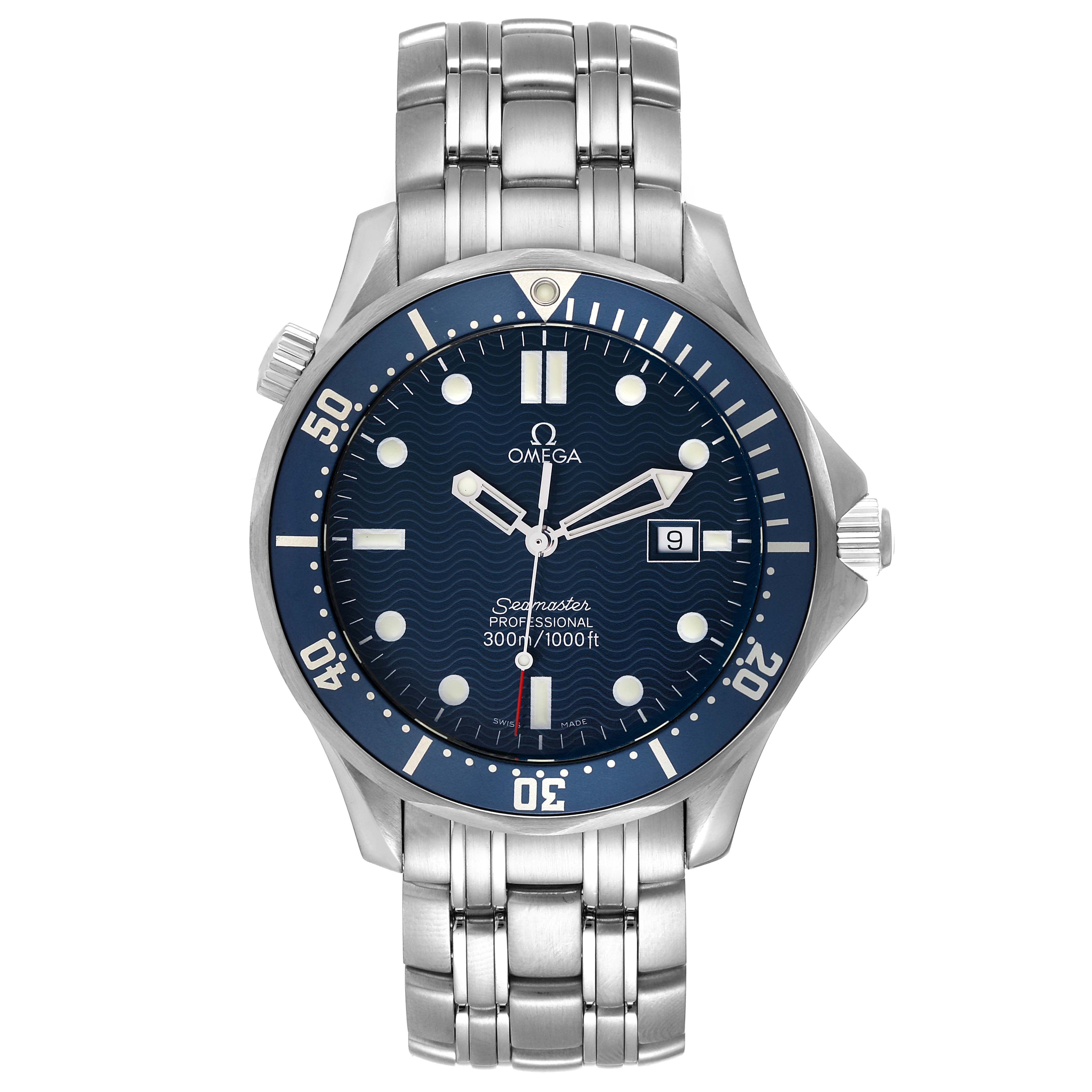 This Omega Seamaster 2541.80.00 Men's Stainless Steel Blue Dial 2541.80.00 Men's Stainless Steel Blue Dial model is shown from a front angle, displaying its blue dial, bezel, bracelet, and date window.