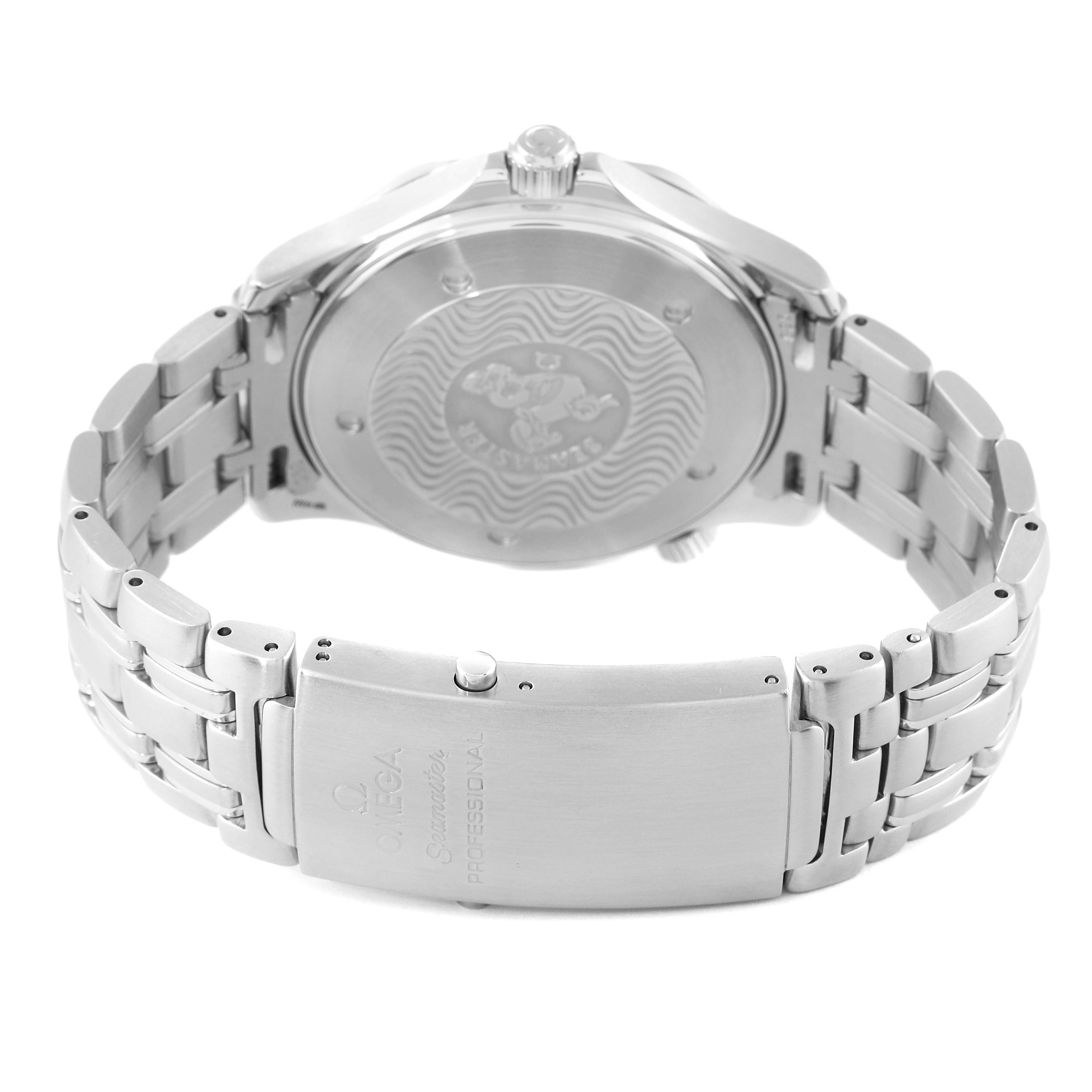 The image shows the back of the Omega Seamaster 2541.80.00 Men's Stainless Steel Blue Dial 2541.80.00 Men's Stainless Steel Blue Dial watch, highlighting its clasp, bracelet, and case back.
